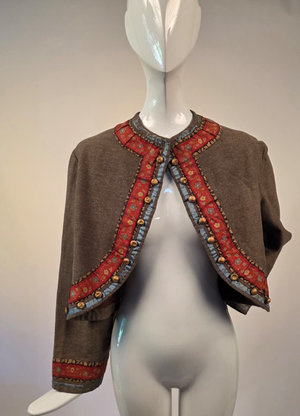 CIVIL WAR 1860’S WOOL CUTAWAY ZOUAVE JACKET W FLORAL PRINT COTTON EDGING