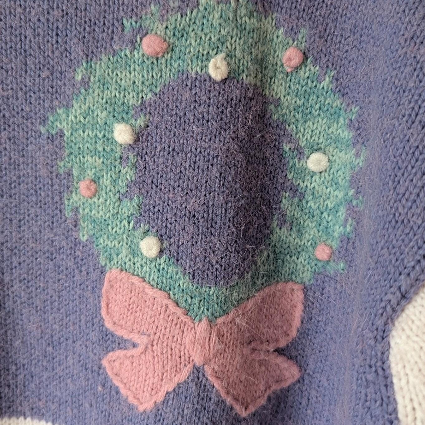 Vtg Pastel Colorblock Christmas Sweater Mock Neck Beaded Tree Wreath Festive Lg
