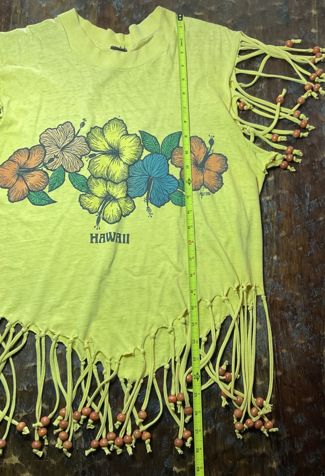 Vintage 1980s Radical Sunny Yellow Hawaiian Flower Top Bead Fringe Size Small