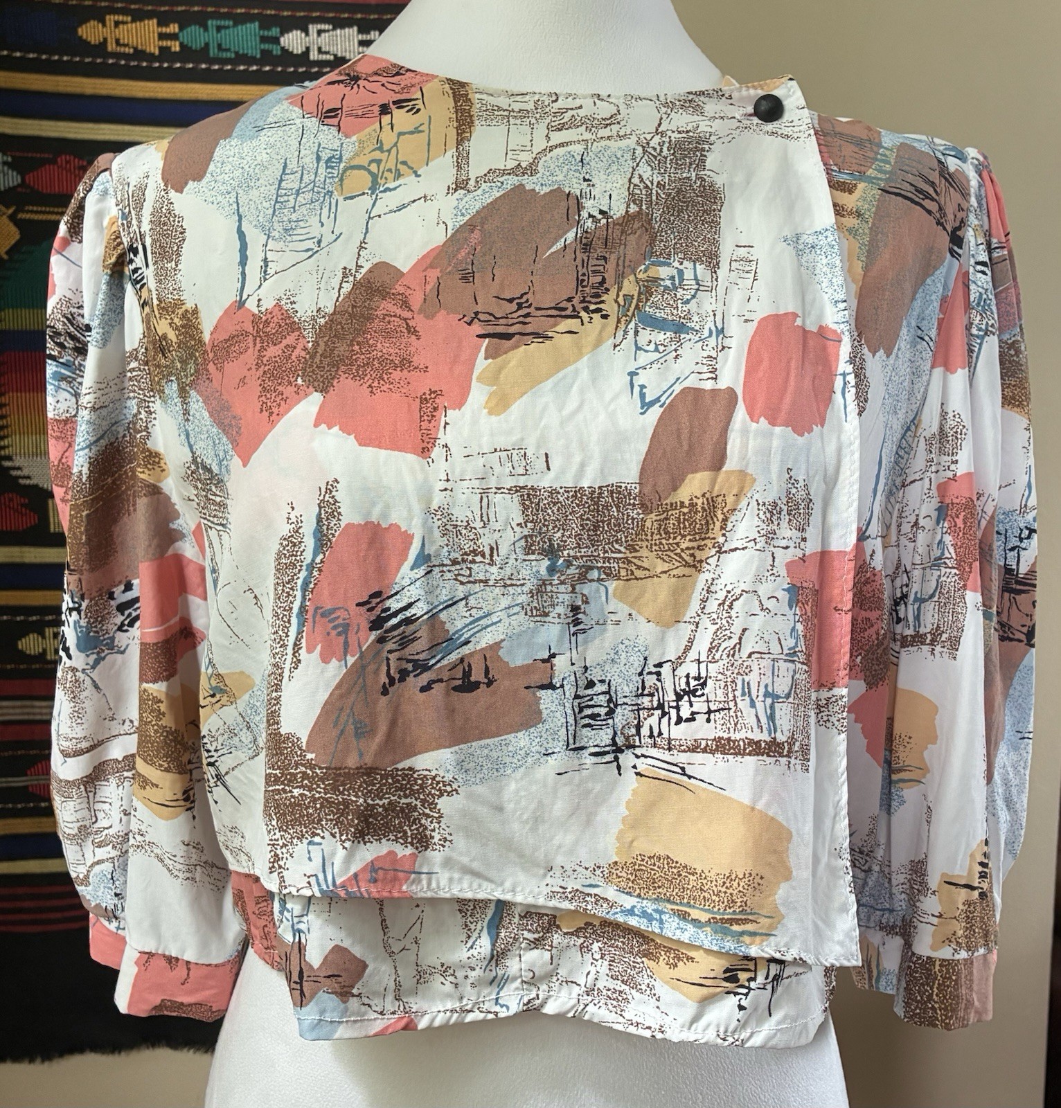 Vintage 80s Abstract Crop Top Puff Sleeve Made in West Germany size Large