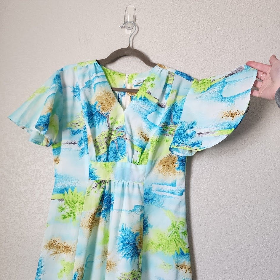 PENNEY’S HAWAII 70’s Maxi Dress Tropical Flutter Sleeve Blue Green Bright