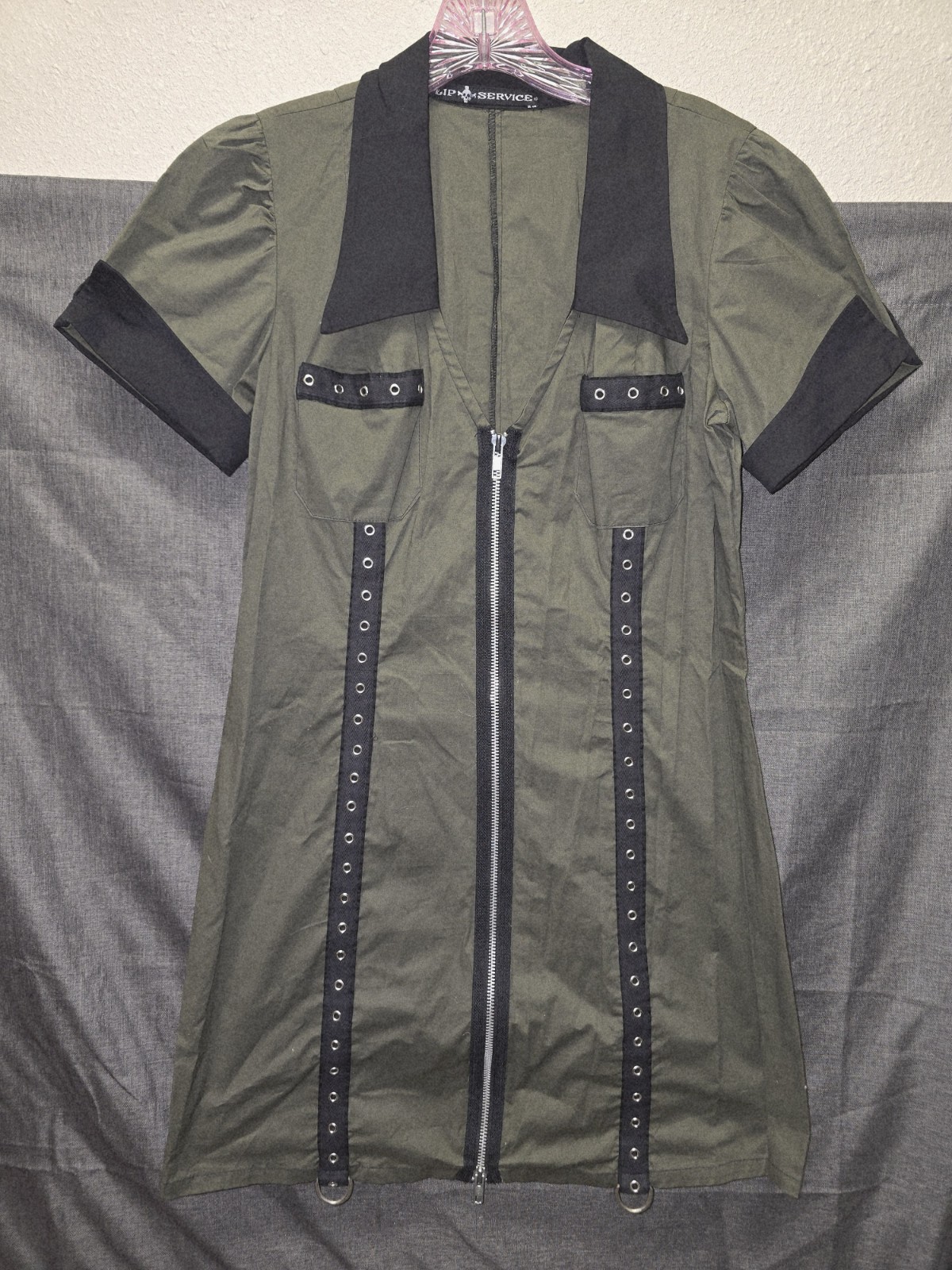 Vintage Lip Service Army Green And Black Mini Dress Size LARGE PUNK bondage