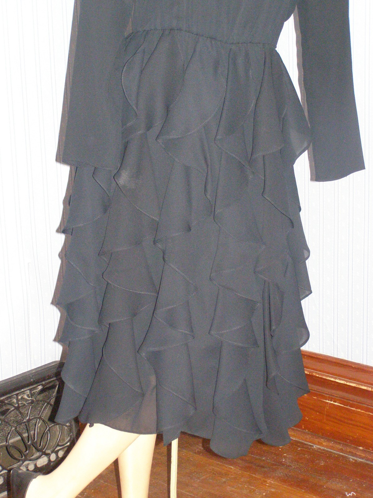 Vintage 80’s simple black semi-sheer TIERED RUFFLE dress S M chiffon evening