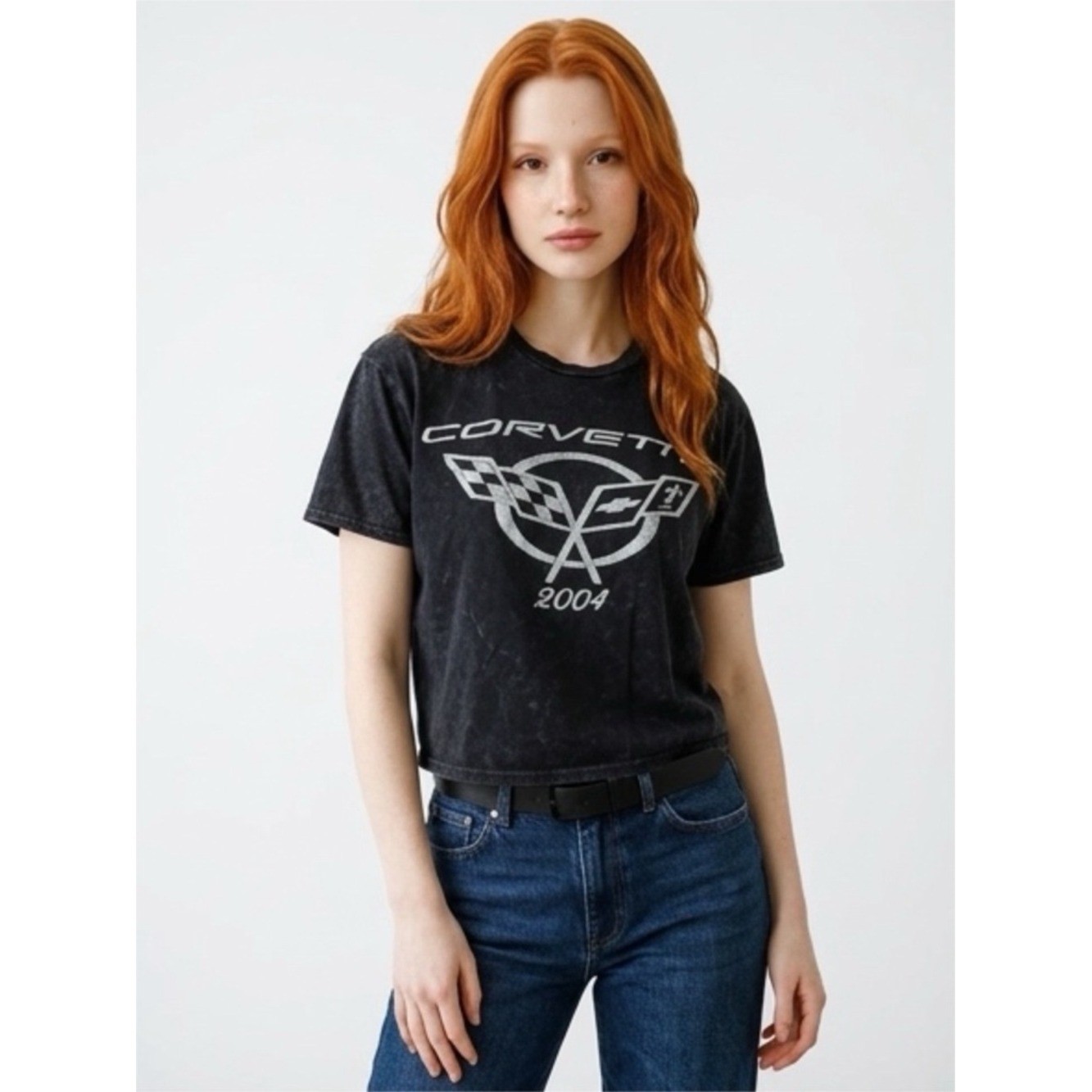 Vintage 2004 Corvette Crop Top – Acid-Washed Black Tee by Chemistry – Size Large