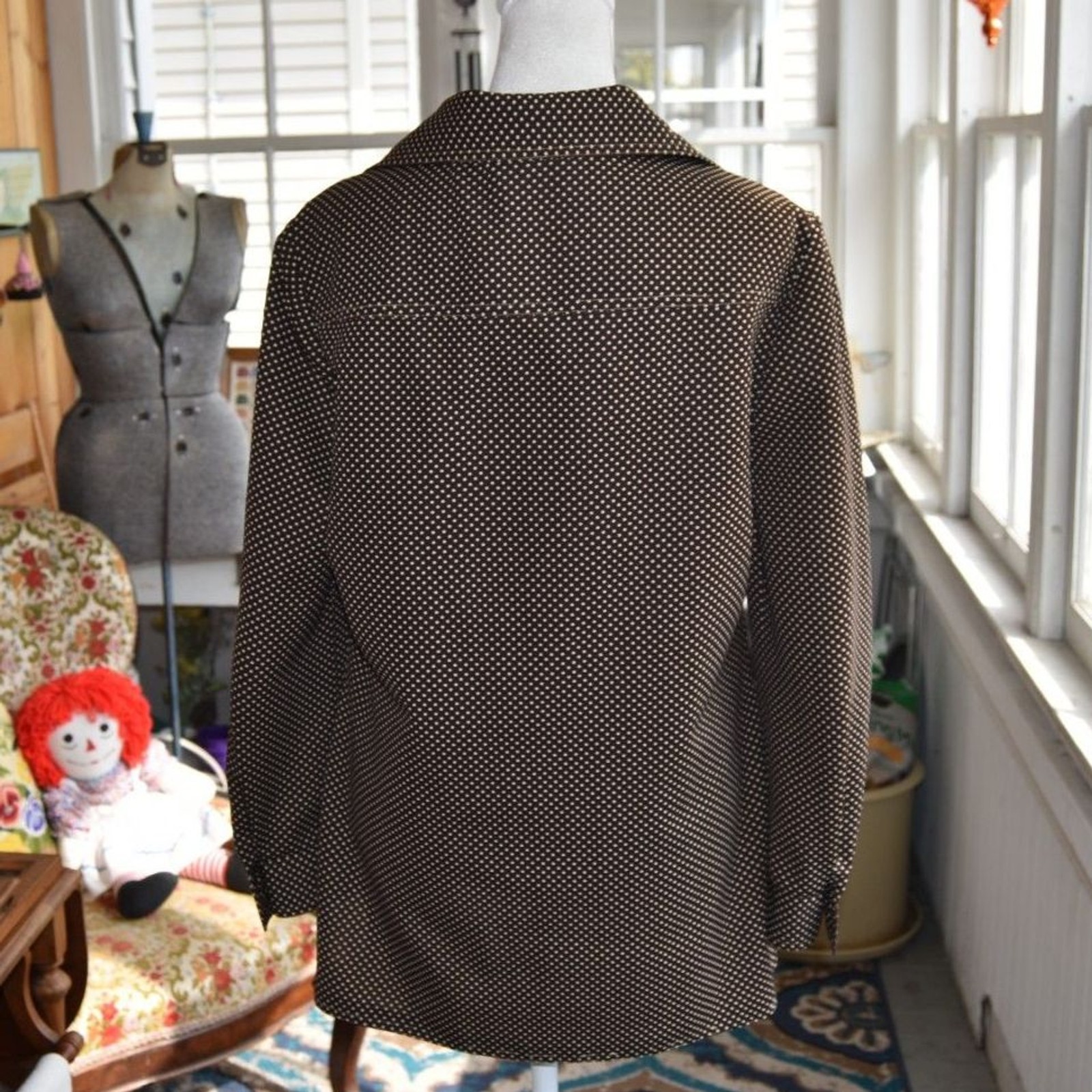 Vintage 70s Three Flags Brown Polka Dot Button Front Shirt Jacket Blouse Medium