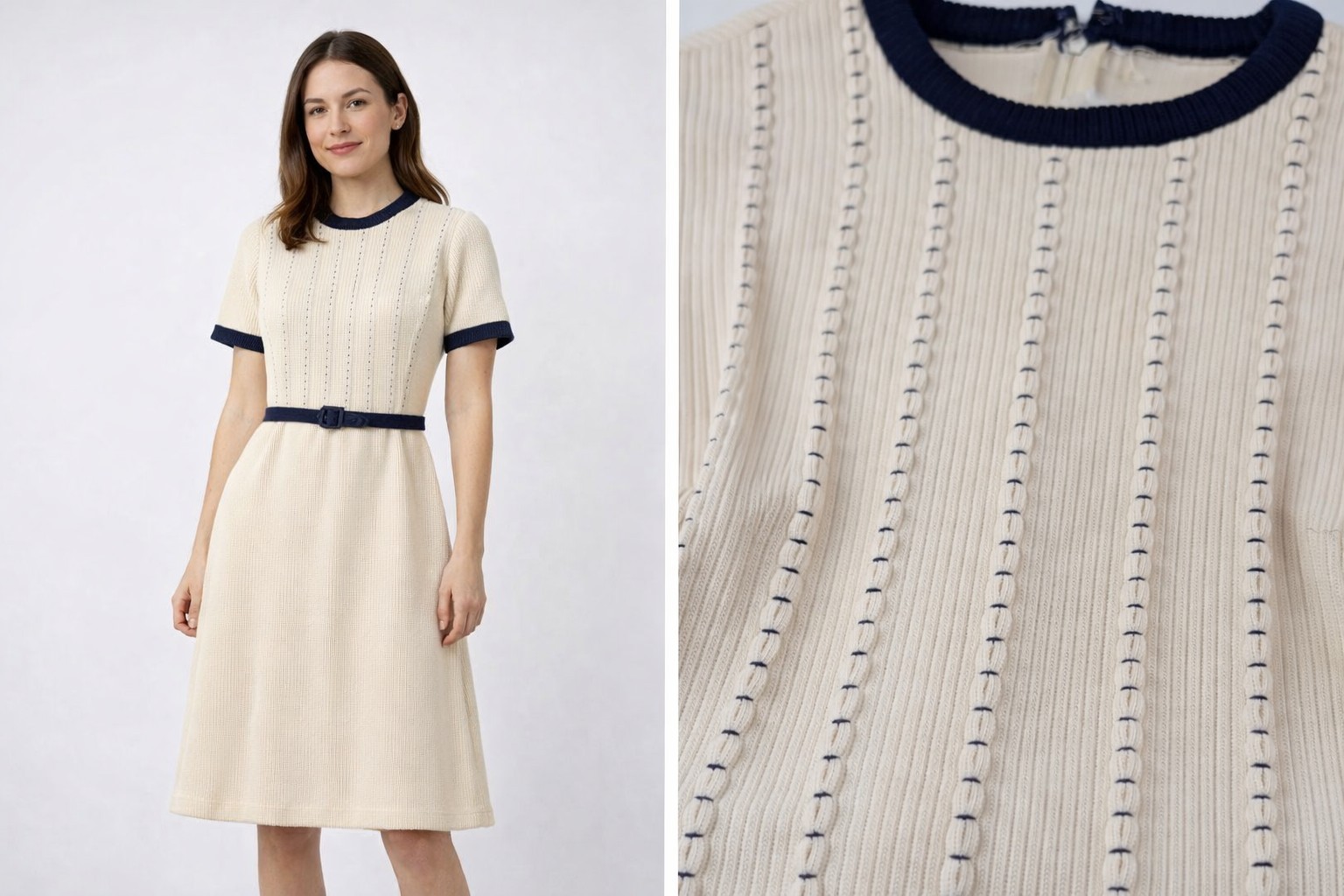 Vtg Leslie Fay Knit Dress Small Cream Navy Belt Secretary Mod 60s 70s Retro S