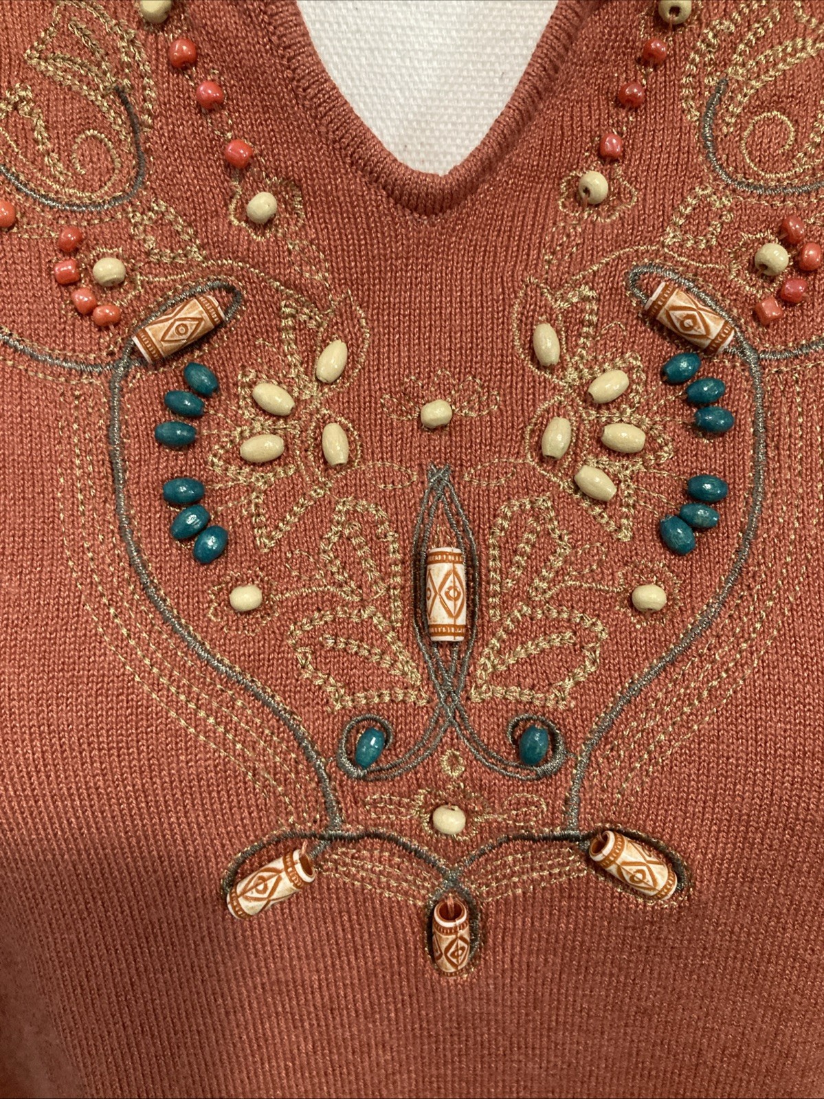 Vintage 90s Carducci Beaded Bib Sweater Top Size L Rust Orange Boho Grandmacore