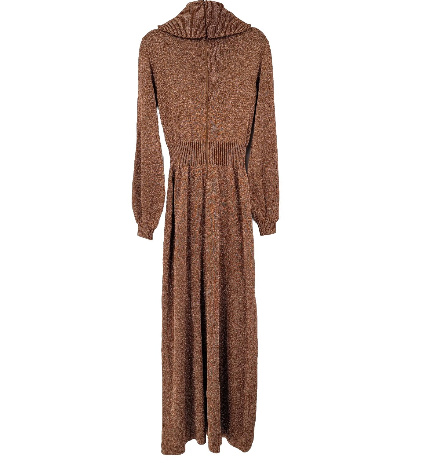 Vtg 70s Disco Wenjilli Sz 15/16 Copper Gold Metallic Knit Maxi Dress Cowl Gown