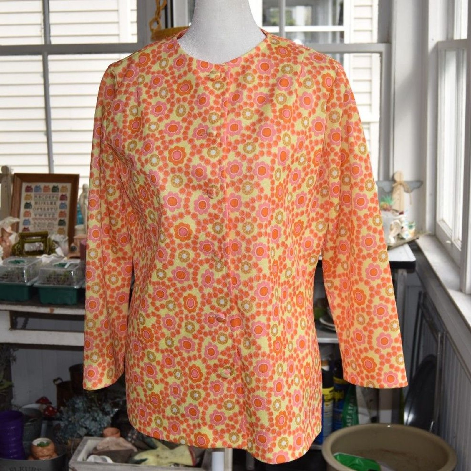 Vintage 60s Mod Floral Blouse Mr Fine Dallas Orange Pink Retro Top L