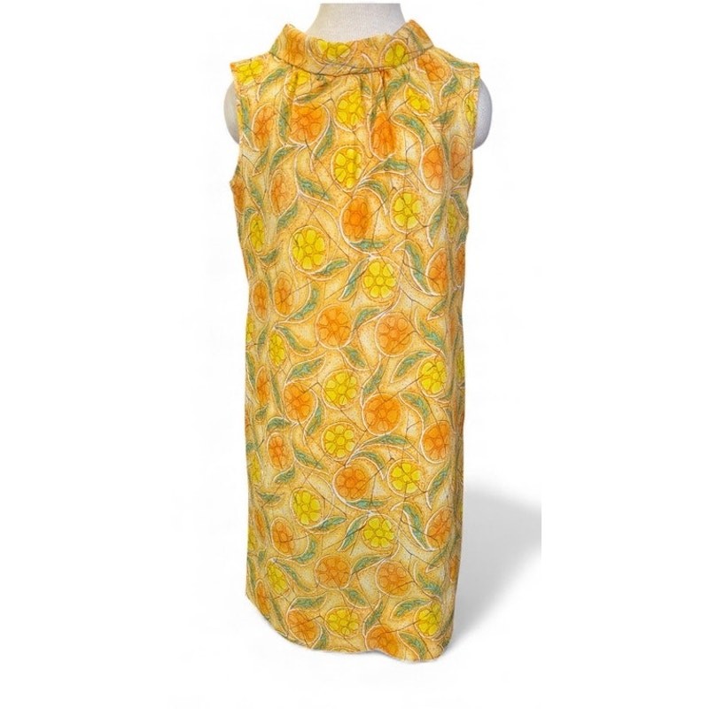 VTG 60s 70s Citrus Print Sheath Dress Sz M L Yellow Orange Green Retro Groovy