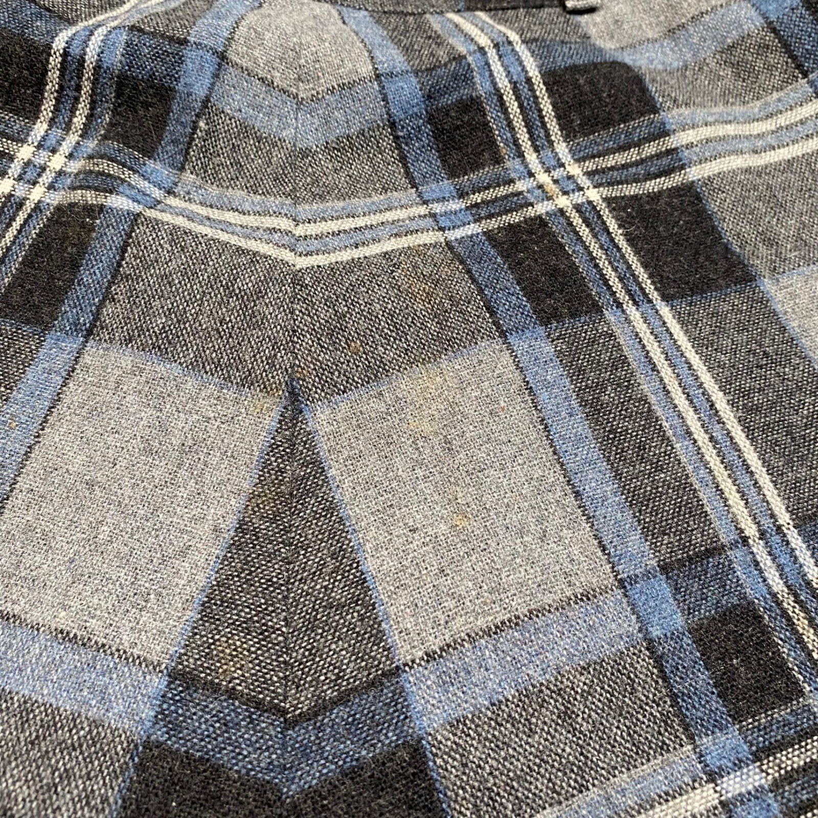 ILGWU Plaid A-Line Midi Skirt Grey Blue High Waist Size 11 USA Made Union Made