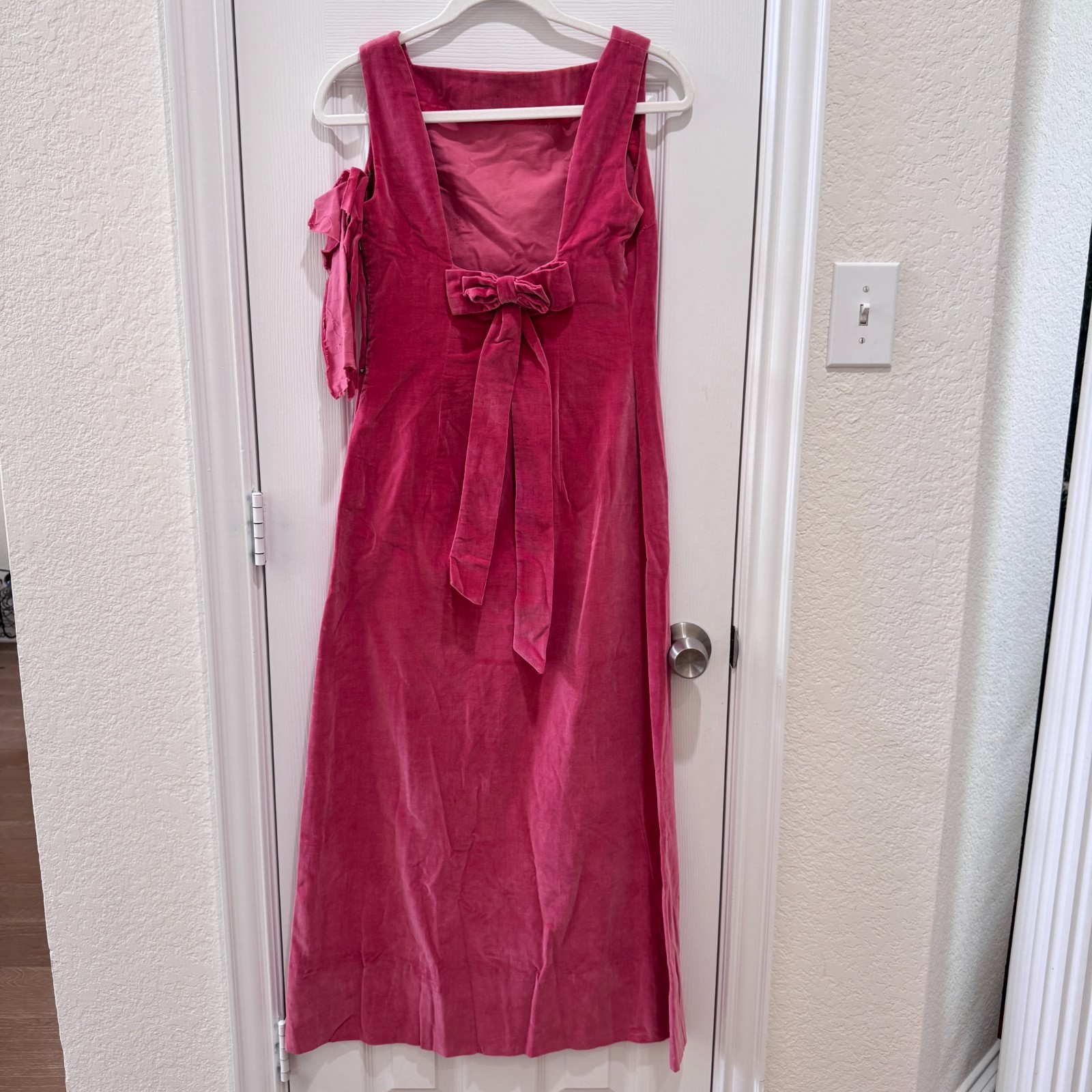 Vintage 60s Handmade Hot Pink Velvet Maxi Dress Scoop Back Bow Evening Gown S