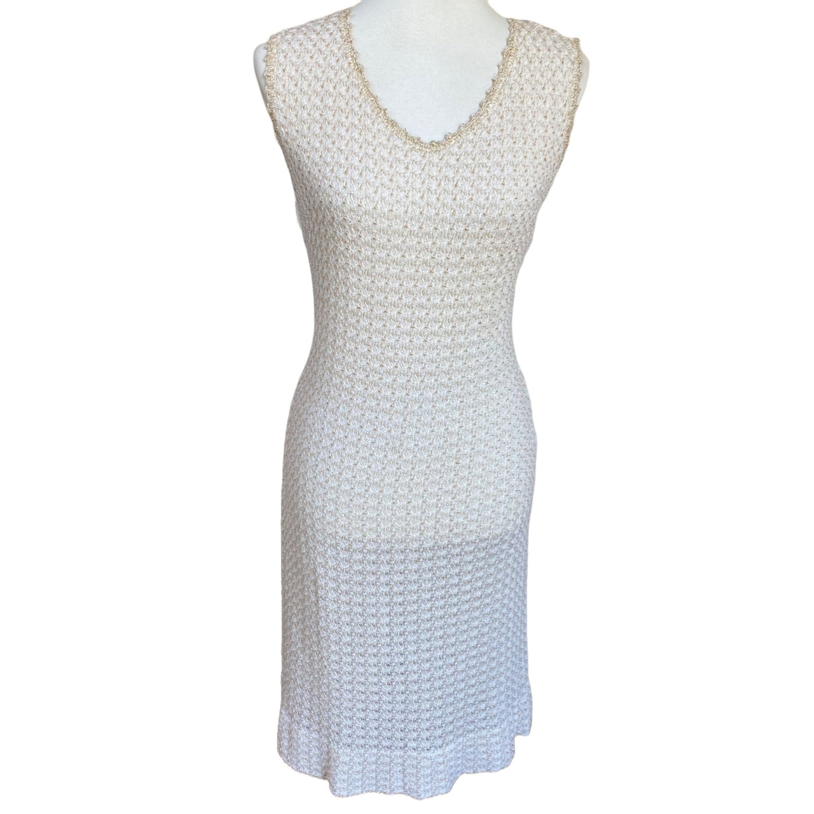 Vintage Crochet Dress Mod 60s 70s Sleeveless Boho Cream Metallic Gold Size Large
