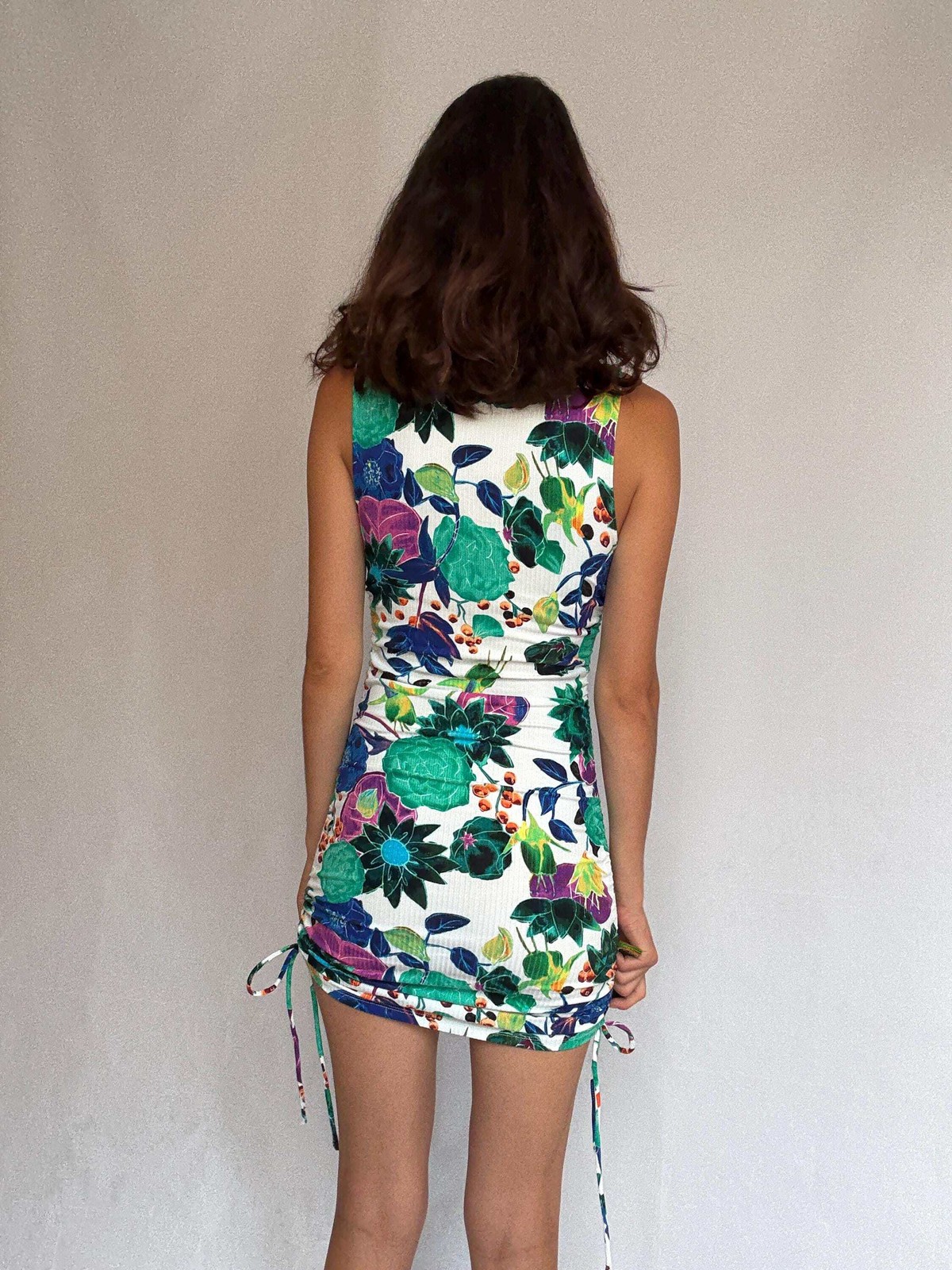 Desigual floral mini dress, feminine fitted silhouette, ribbed texture, adjustab
