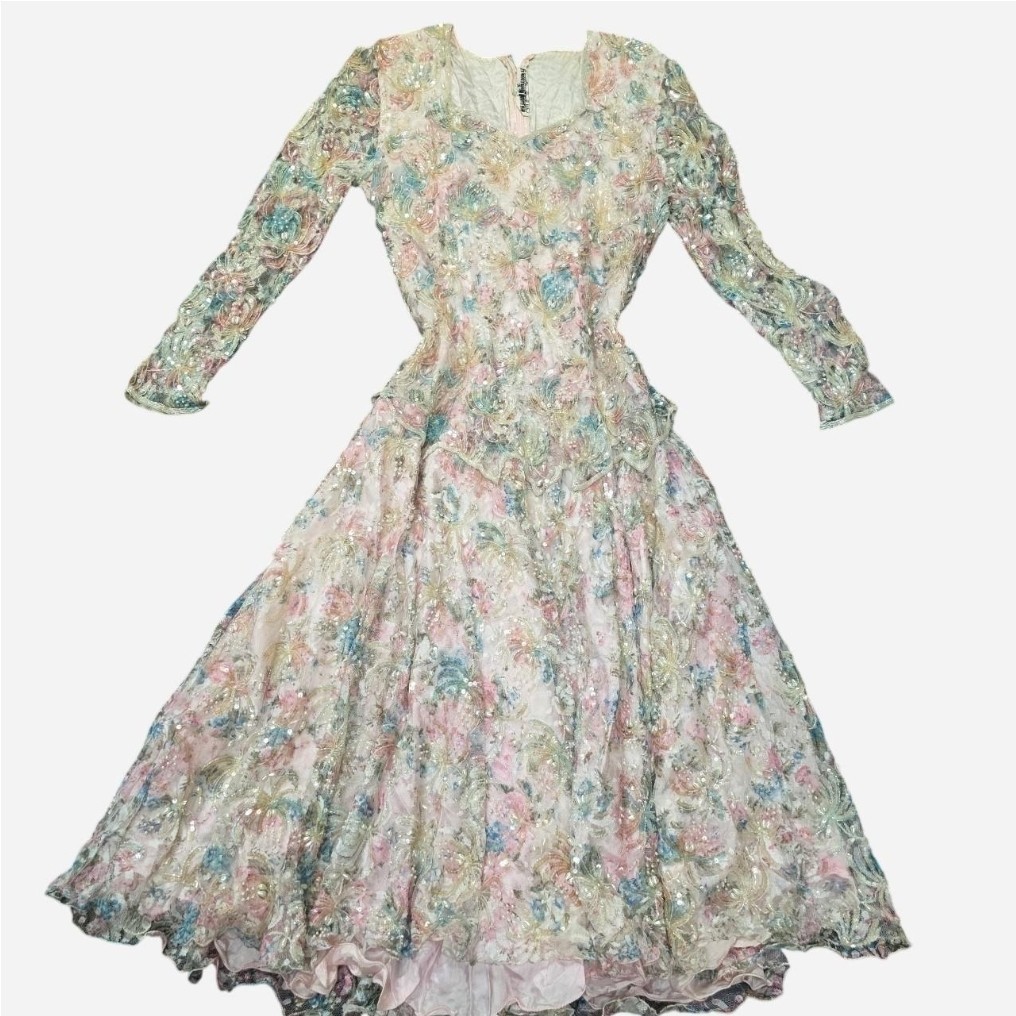 Judith Ann Creations Inc. Beaded Vintage Dress M Pink Blue Green Gold