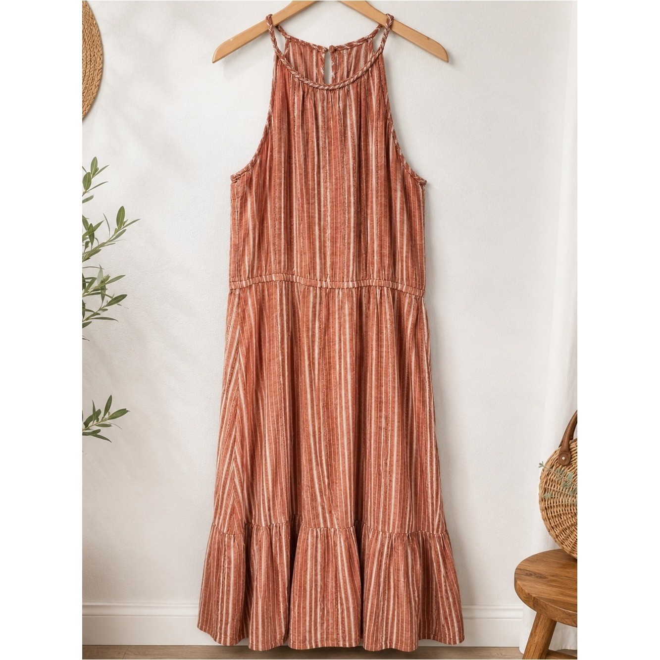 Old Navy Rust Striped Linen Blend Maxi Dress Medium Boho Cottagecore Summer