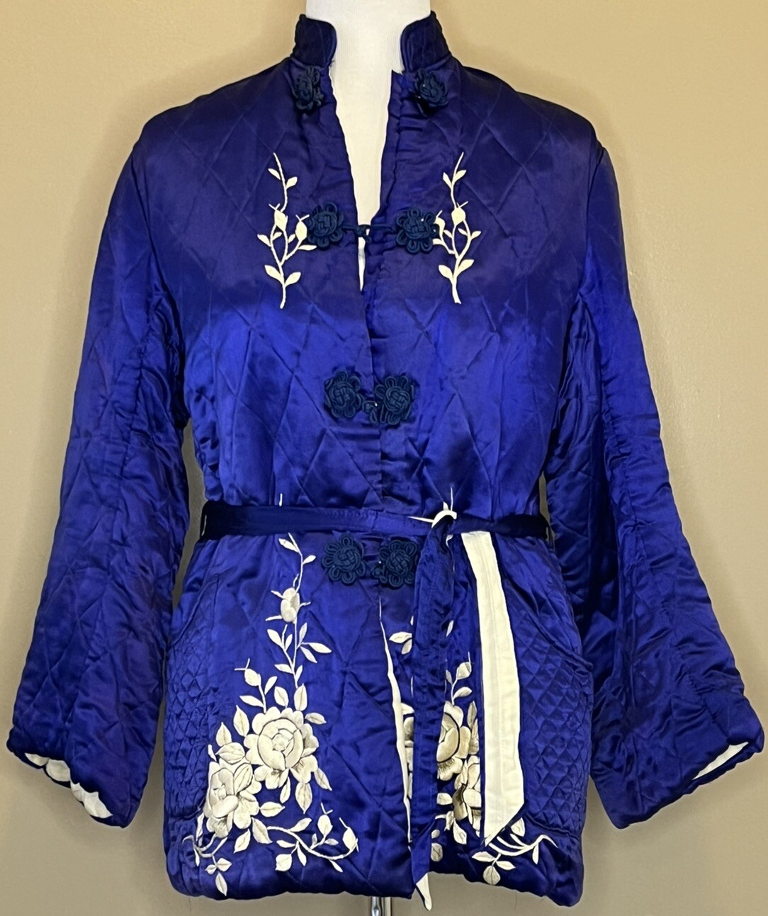 Vtg 50s Japan Quilted Jacket Lounge Set Embroidered Blue Satin Sun Bros Asian