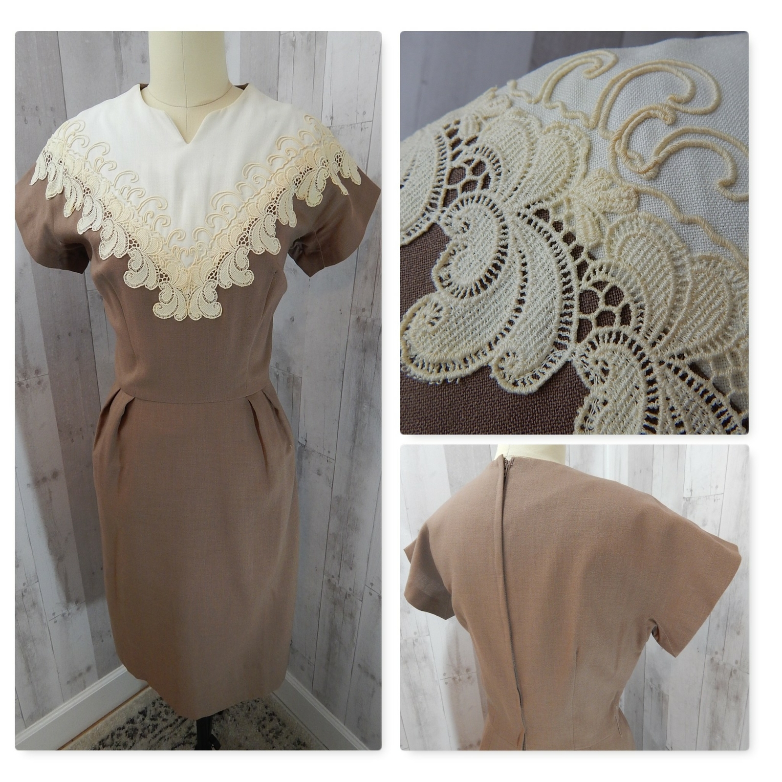 Vintage 1950s DRESS Wool Taupe Sheath Ivory Lace Applique Pinup”I love Lucy” M