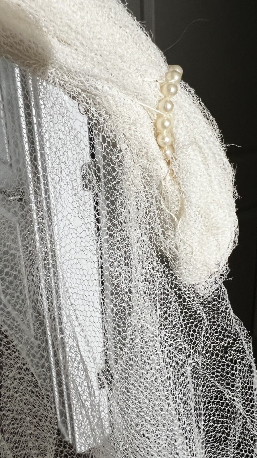 Vintage 30s 1940s White Rolled Mesh Net Pearl Wedding Headband Bridal Headpiece