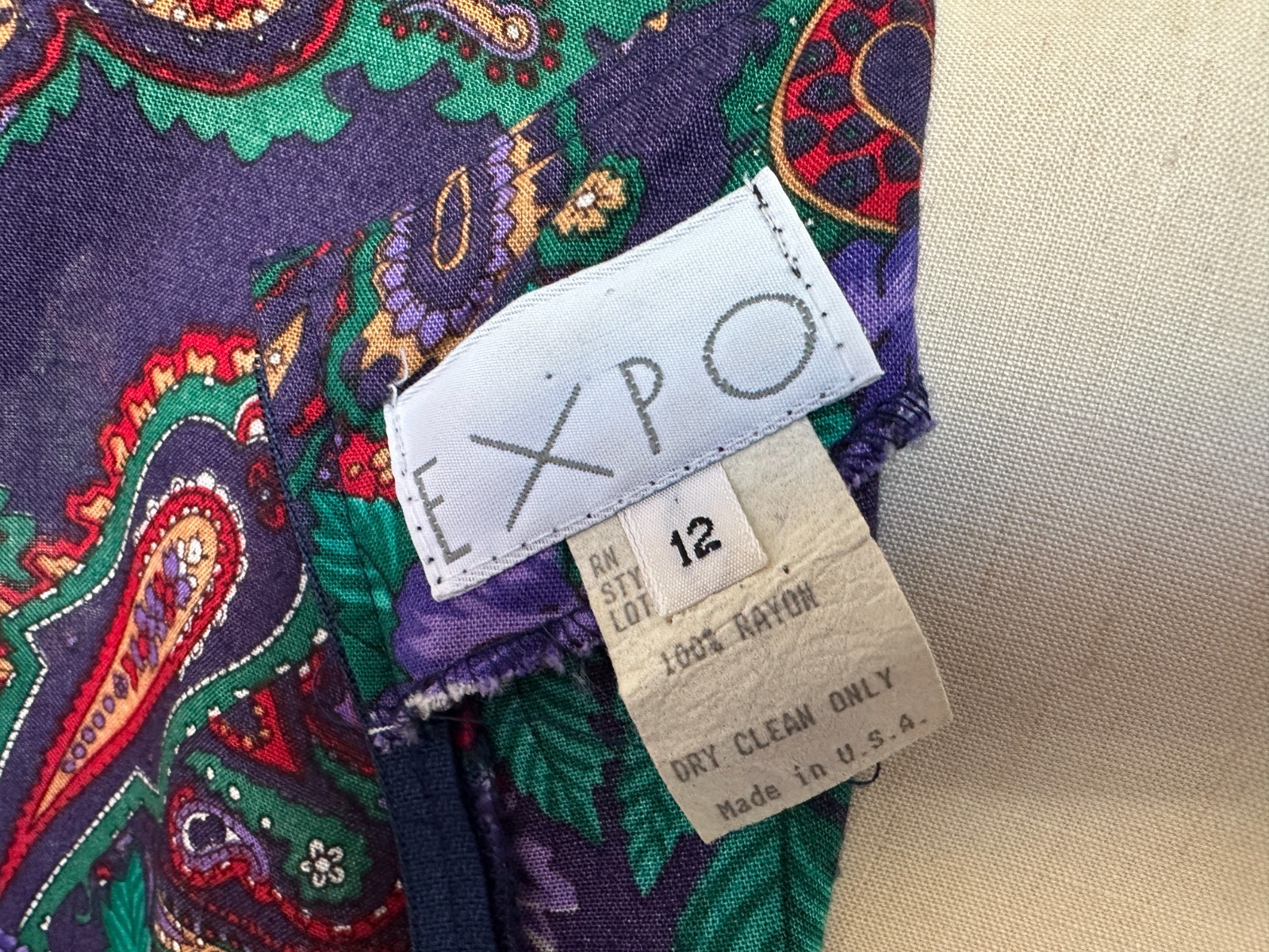 Vintage 1980s Purple Green and Red Paisley Rayon Dress Expo