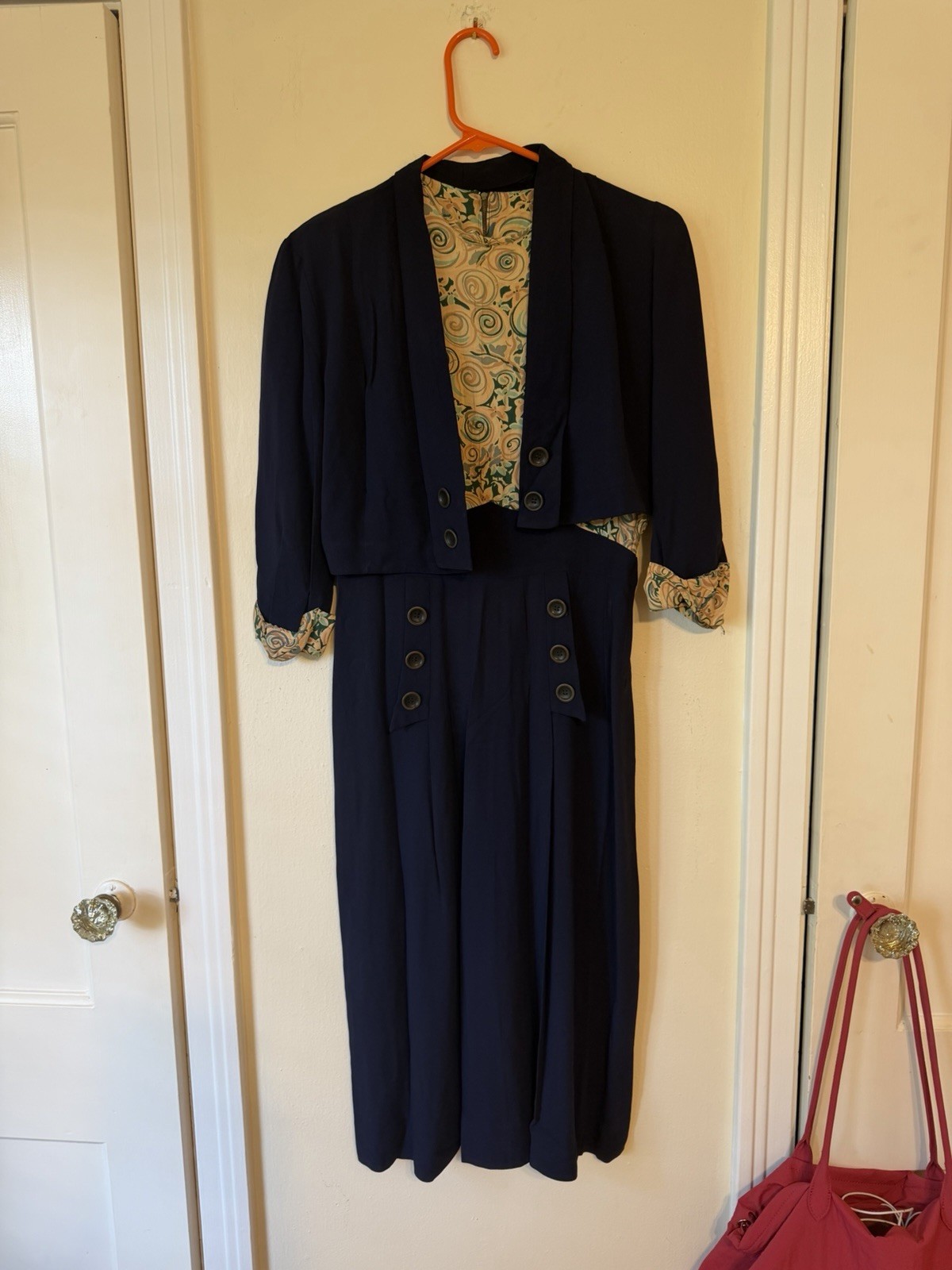 Vintage Navy 2 Piece Dress Jacket Set Matching Suit Midi Dress Secretary 80s Era