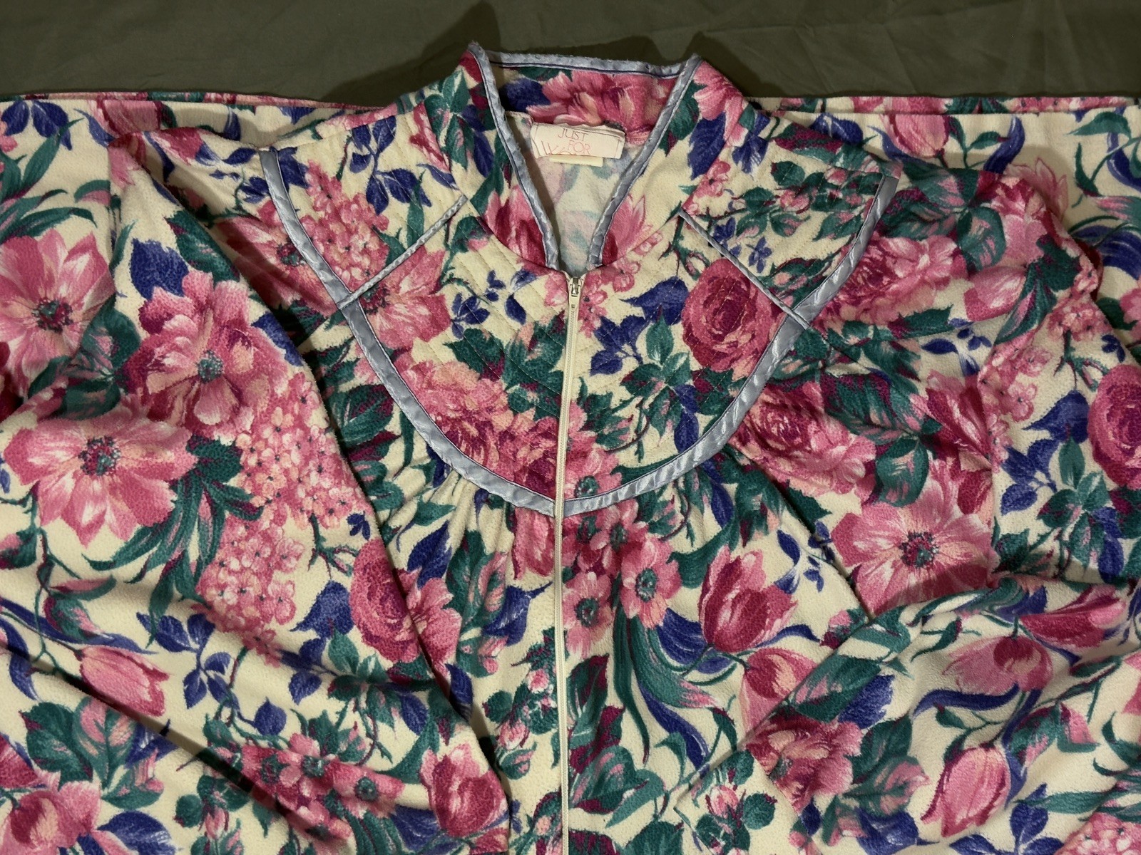 Just For Women 3X 26W 28W Vintage Robe White Multi Floral Long Sleeve Pockets