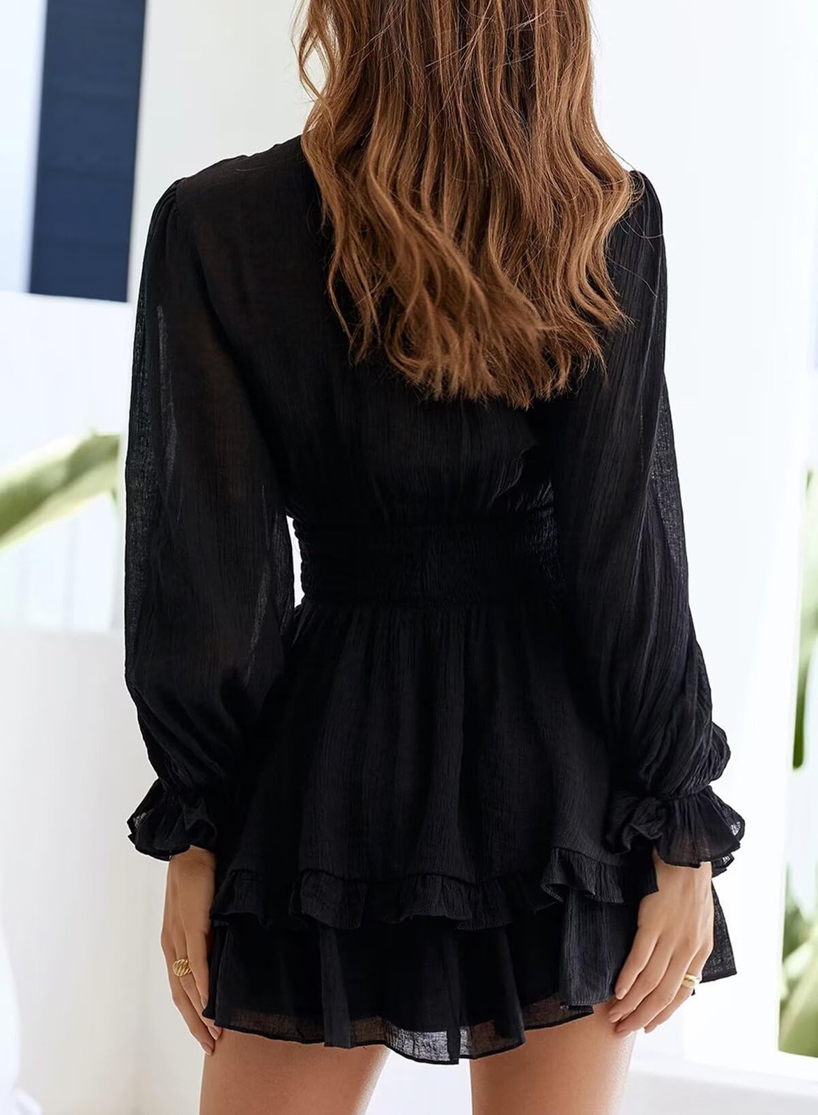 Dokotoo Womens Casual Spring Fall 2025 Deep V Neck Knotted Tiered Chiffon Ele…