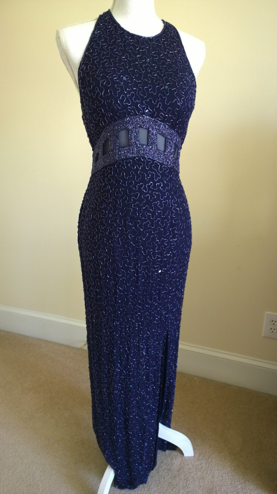 Vtg New Andretta Donatello Silk Beaded Formal Evening Gown Sexy Dark Blue Sz M