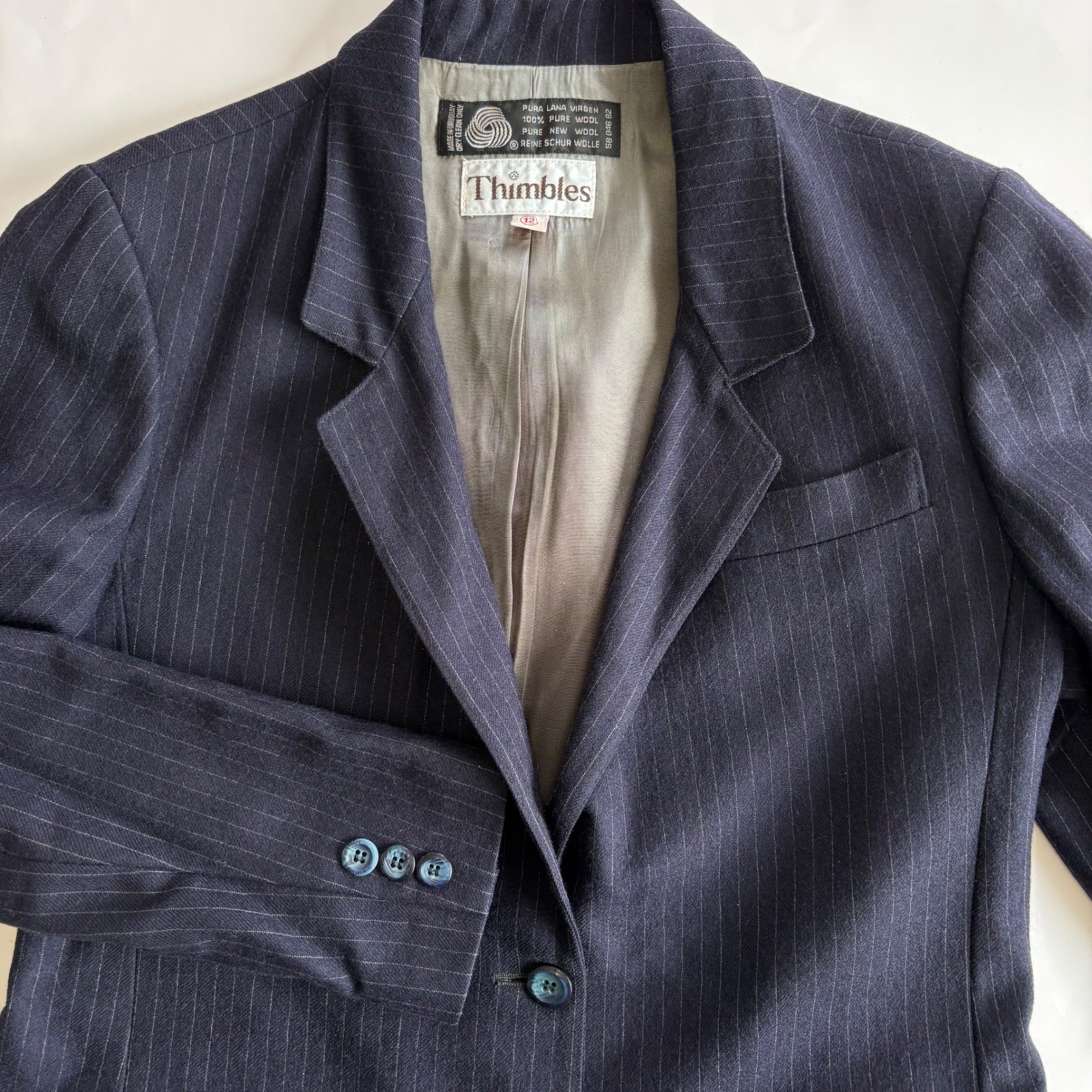 Vintage Thimbles Women’s 12 100% Wool Navy Pinstripe Blazer 2 Button Lined