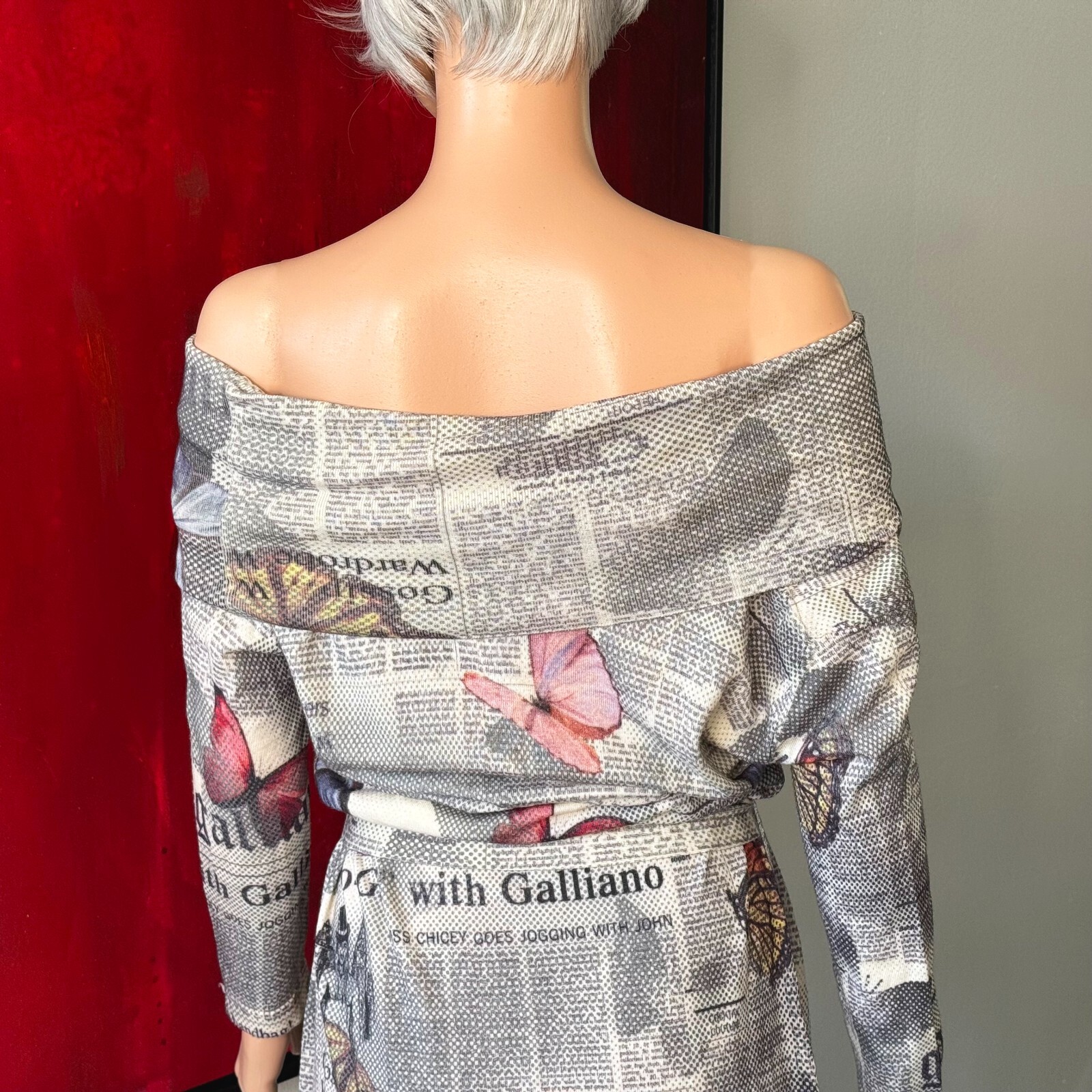 JOHN GALLIANO 2000s Gazette Newspaper Butterfly wool stretch dress print size M