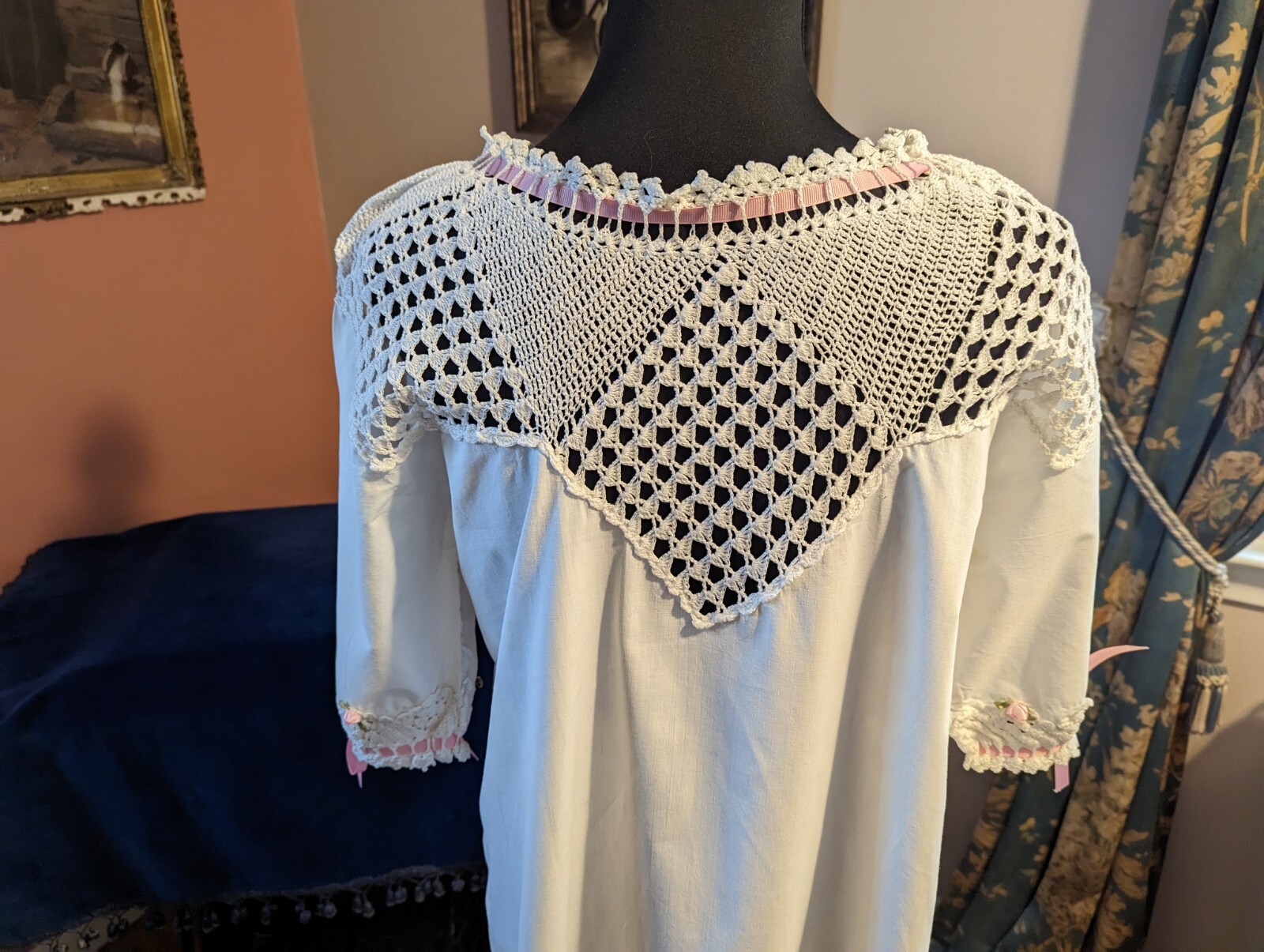 Antique Vintage Edwardian Crochet Lace Handmade Nightgown Ribbon Roses ca 1917
