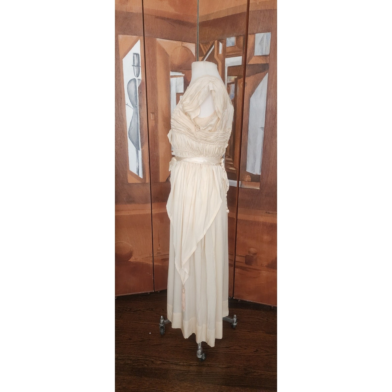 Vintage 1910s Edwardian Dress Cream Silk Tea Gown w/Lace, Pleating, Tassels