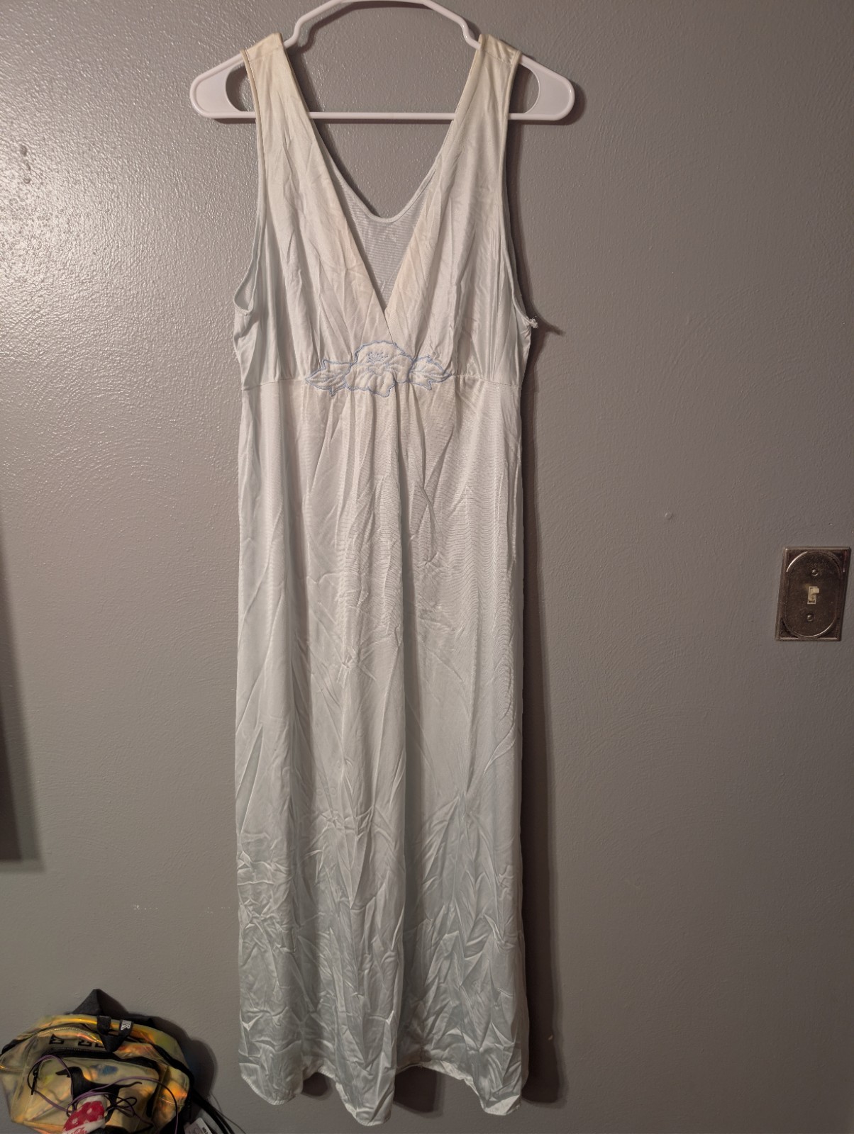 Vintage Vanity Fair Blue Antron III Nightgown Floral Embroidered Size M