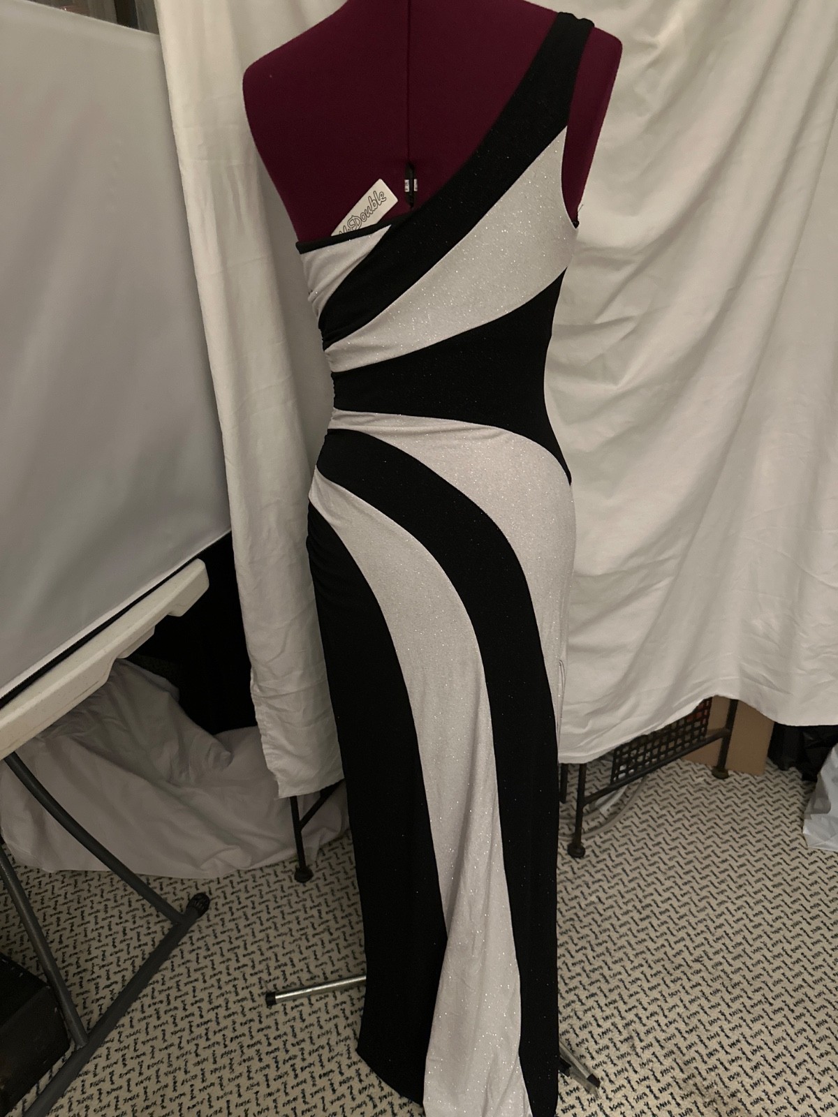 Vintage COXO womans Black & White long Gown side slits of the shoulder one strap