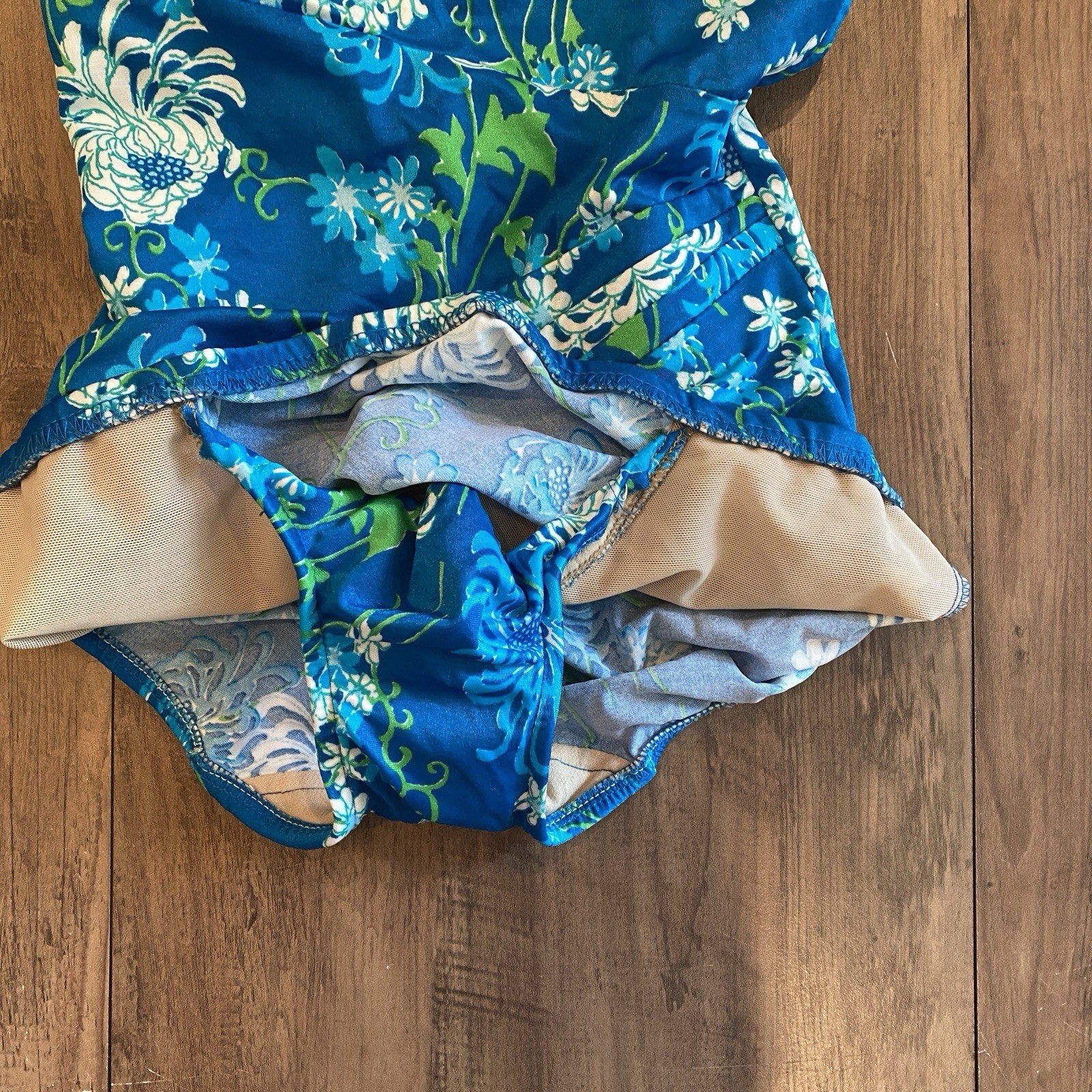 Vintage Mid Century 1960s Pin Up One Piece Aqua Blue Floral Swimsuit Size 34B