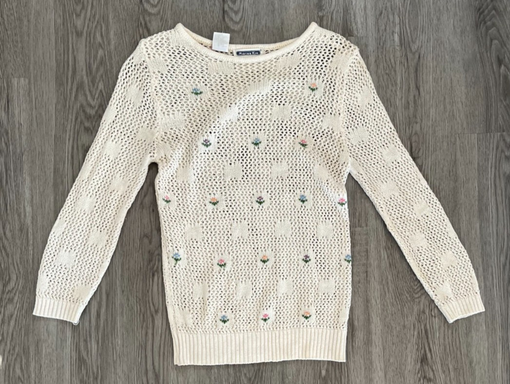 Vintage Mariea Kim 1970’s Sheer Hand Embroidered Floral Ivory Sweater, Size S