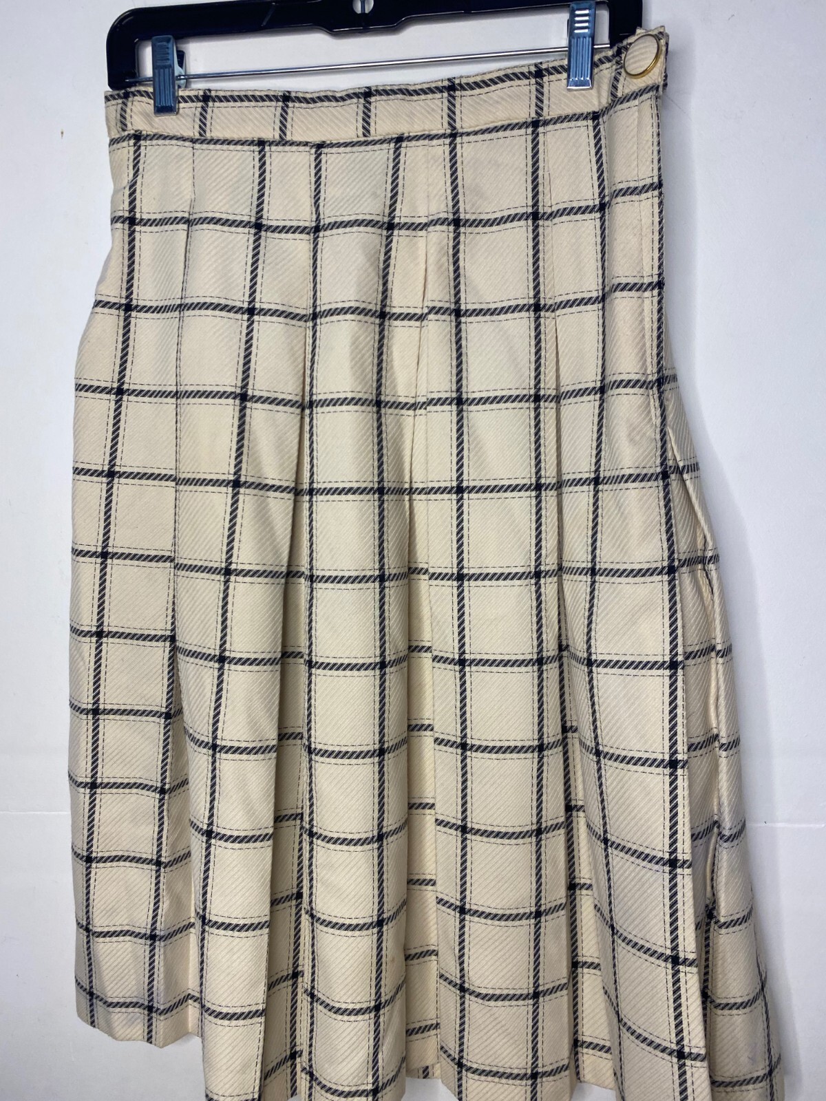 Vintage 1980s Reno Australia Cream and Blue Pleated Knee Length Skirt Sz S/M
