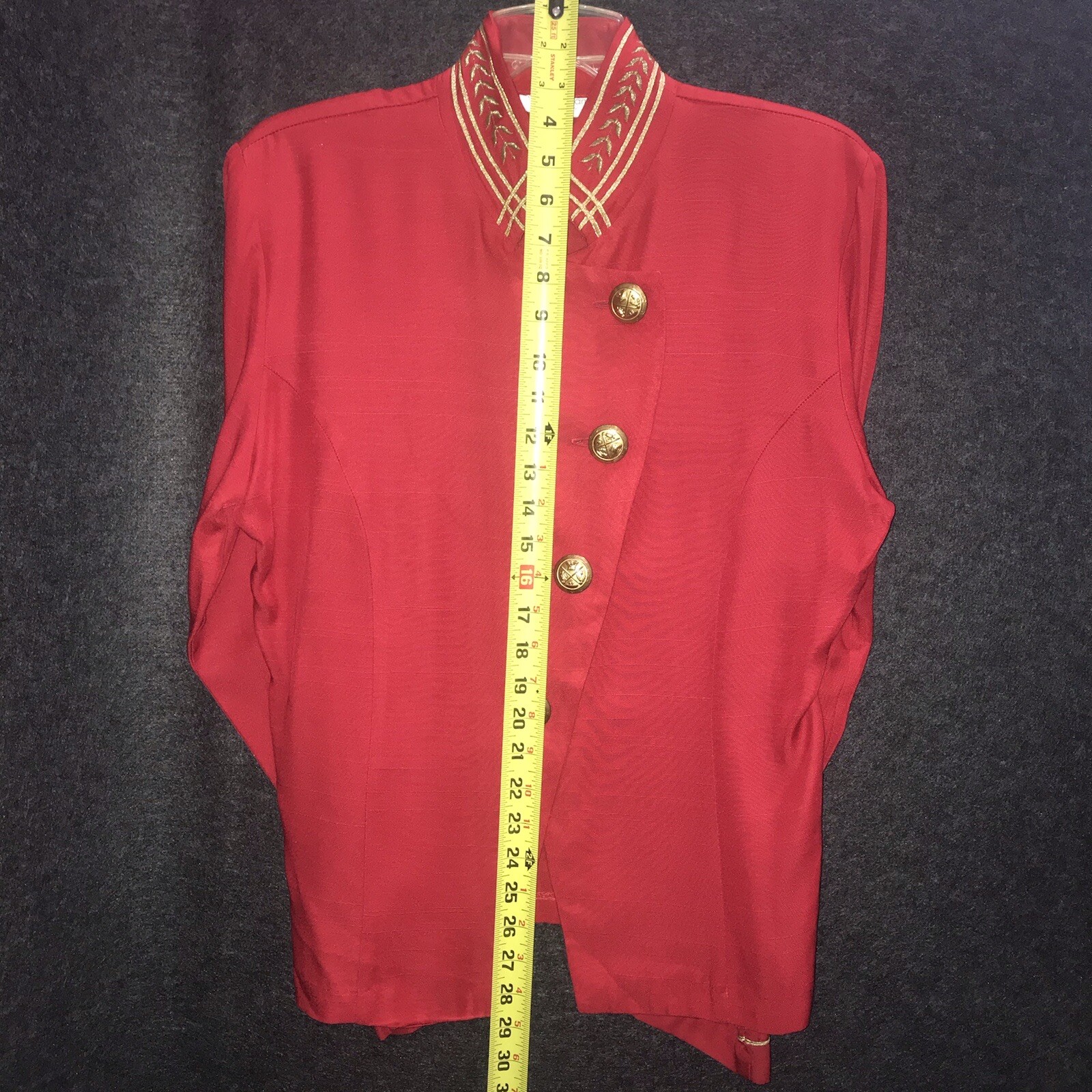 LEW MAGRAM Collection Vintage 80s Blouse Top Red With Gold Buttons Embroidery *
