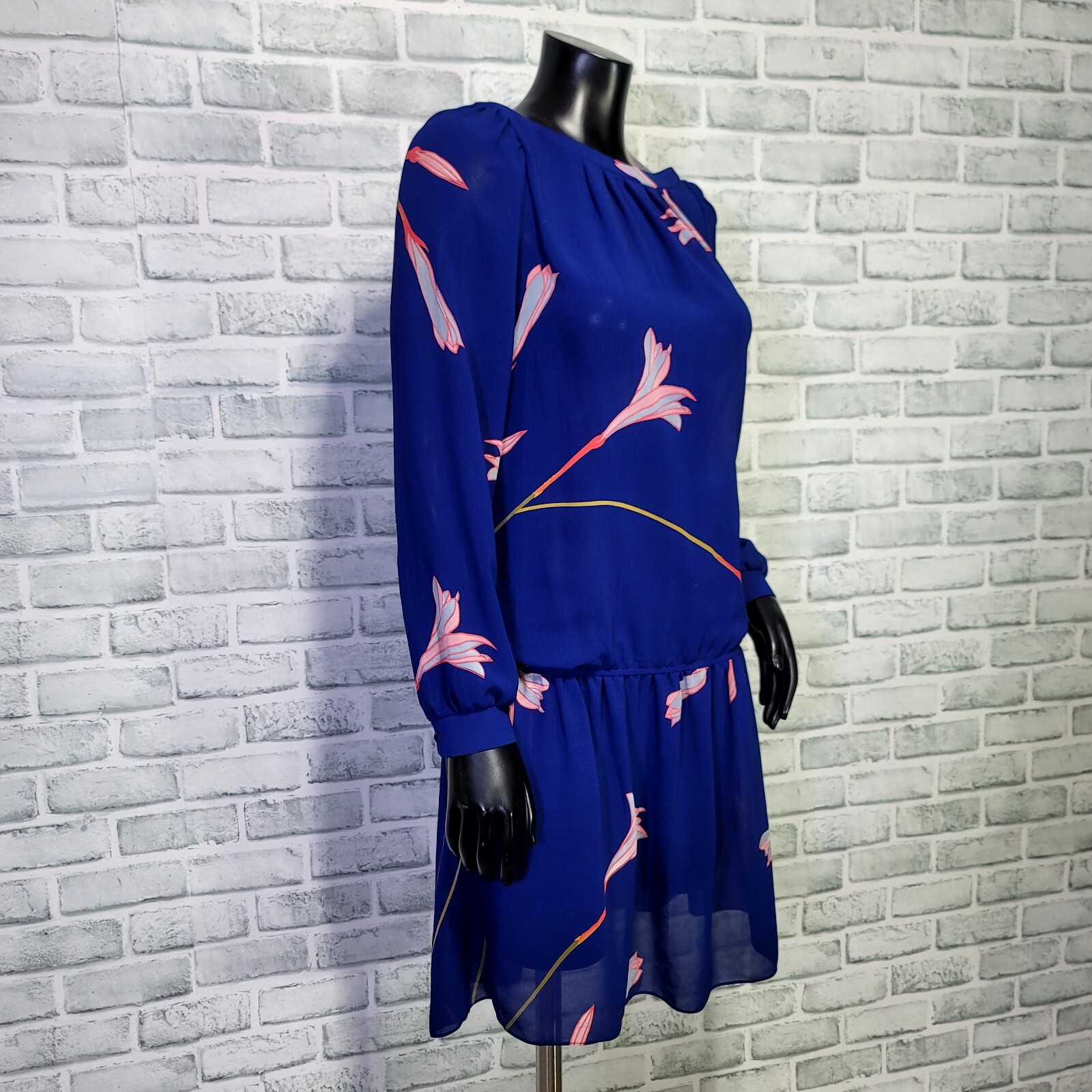 Vintage 70s Malibu Media California Womens M Blue Sheer Floral Drop Waist Dress