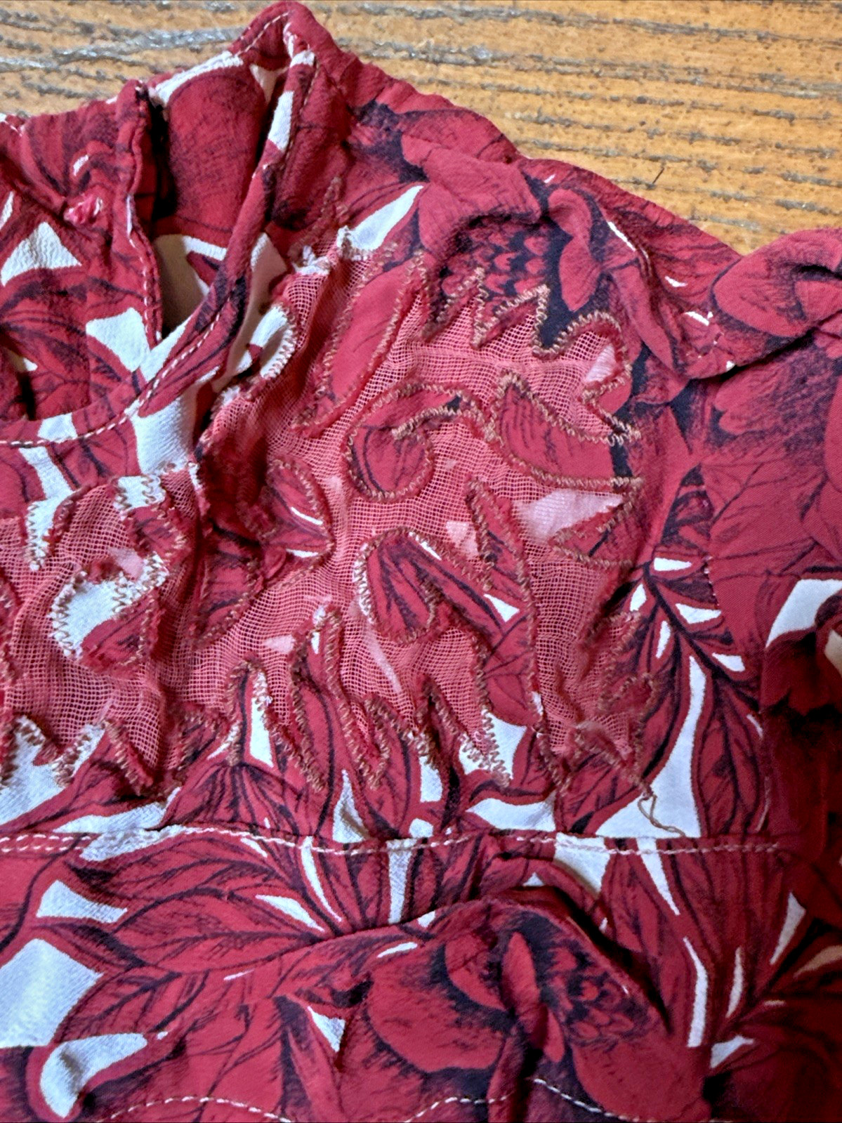 Antique 1930s Cranberry Floral Crepe Dress – Appliqué Netted Yoke – Back Buttons