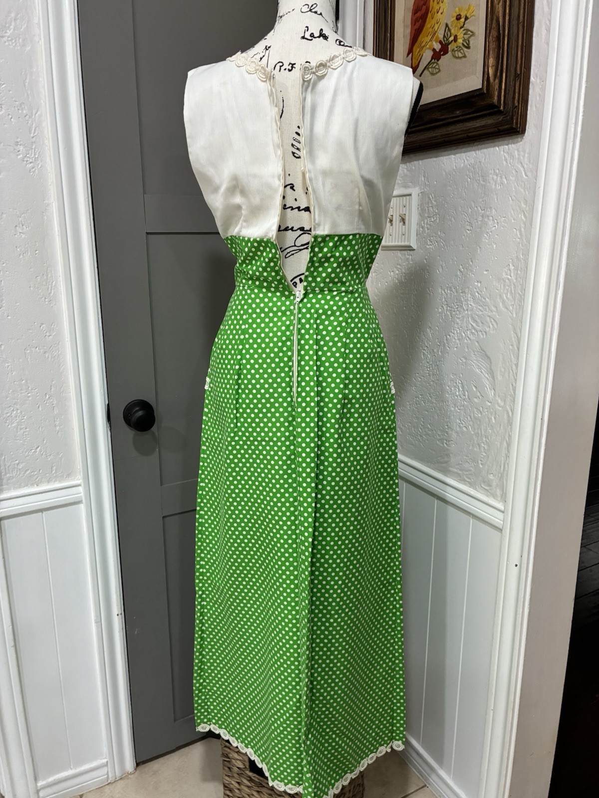 Vintage 1960’s Lounge Craft Green & White Polka Dot Dress – Groovy