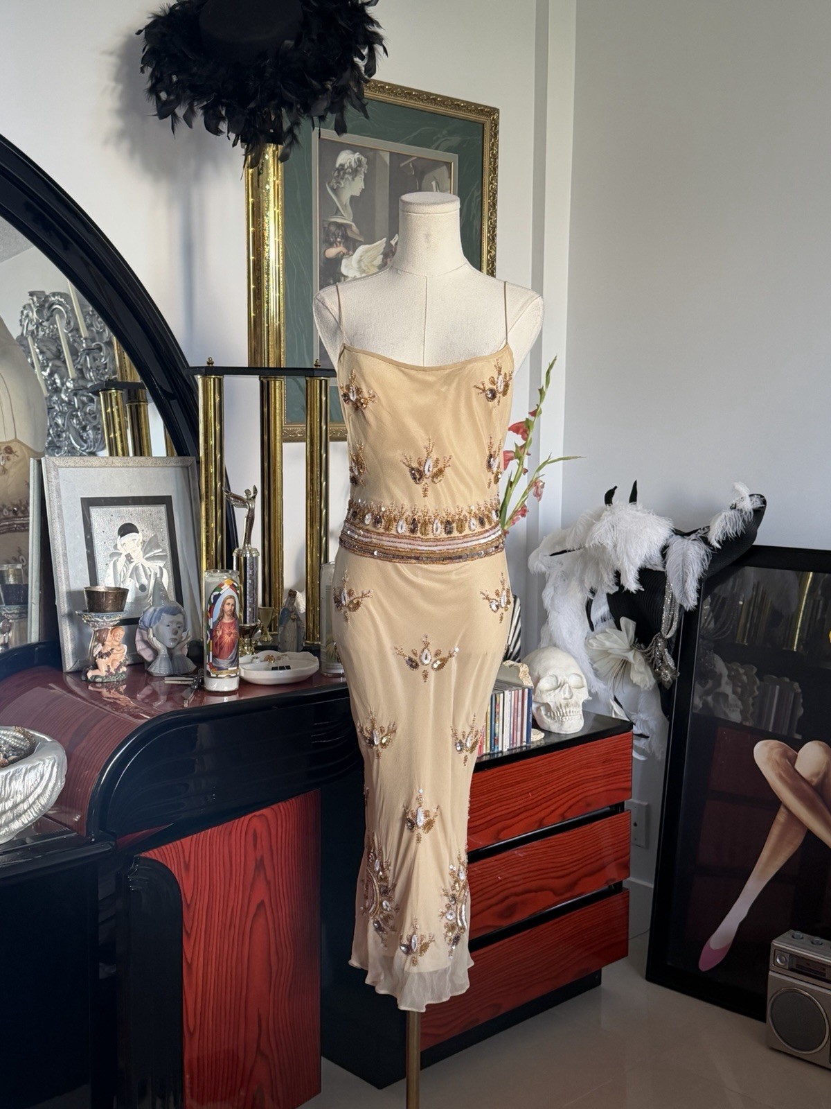 Vintage Papell Boutique Evening Silk Beaded Gown Size 6 NWT Deadstock Y2K