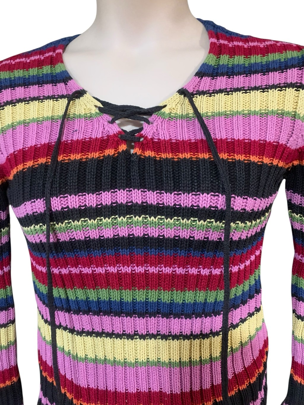 Vntg Y2K Women’s Next Era lace up Striped Knit Sweater, Size L Multi-color