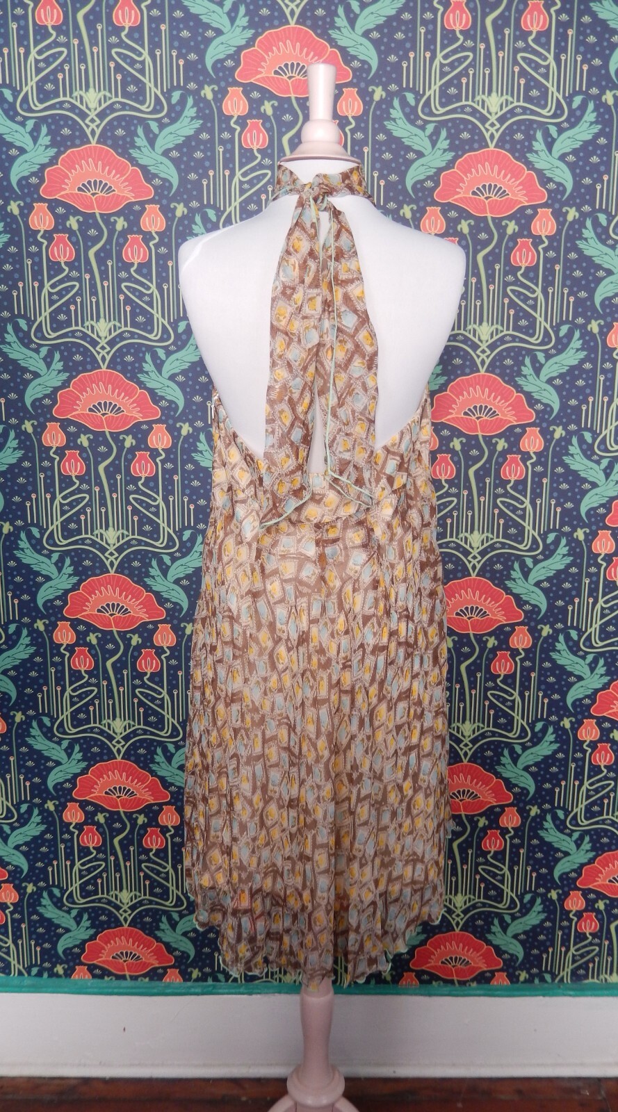 Vintage 90’s Y2K Brown Yellow Blue Romantic Silk Chiffon Femme High Neck Dress