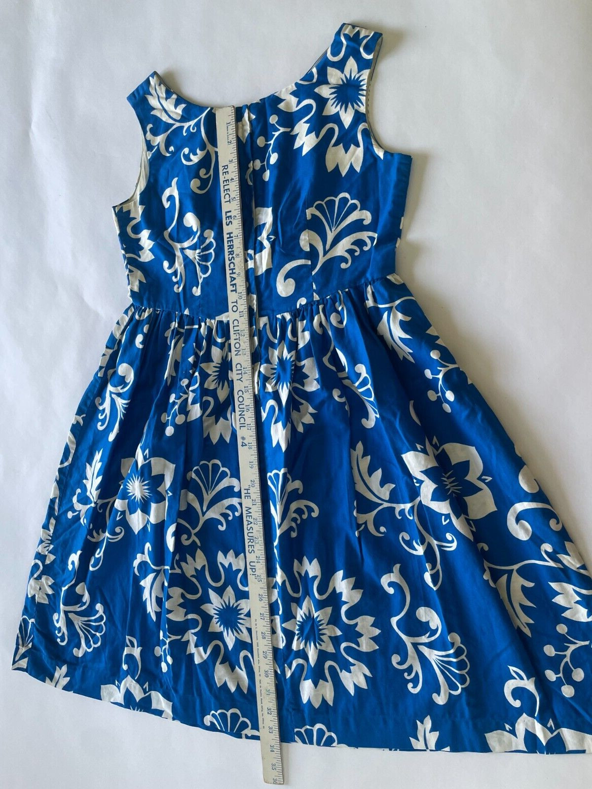 Vintage 1950s Waltah Clarke’s Hawaiian Blue Hibiscus Dress Bow Sm Md S/M