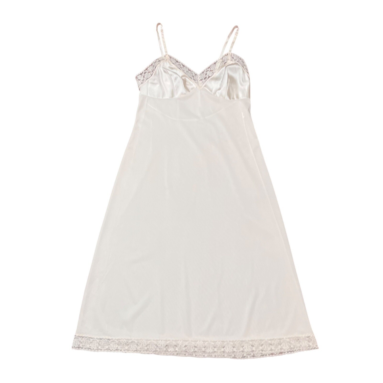 Vintage 1970s Vanity Fair Full Slip Ivory Silky Lace Lingerie Gown USA Size 32 L