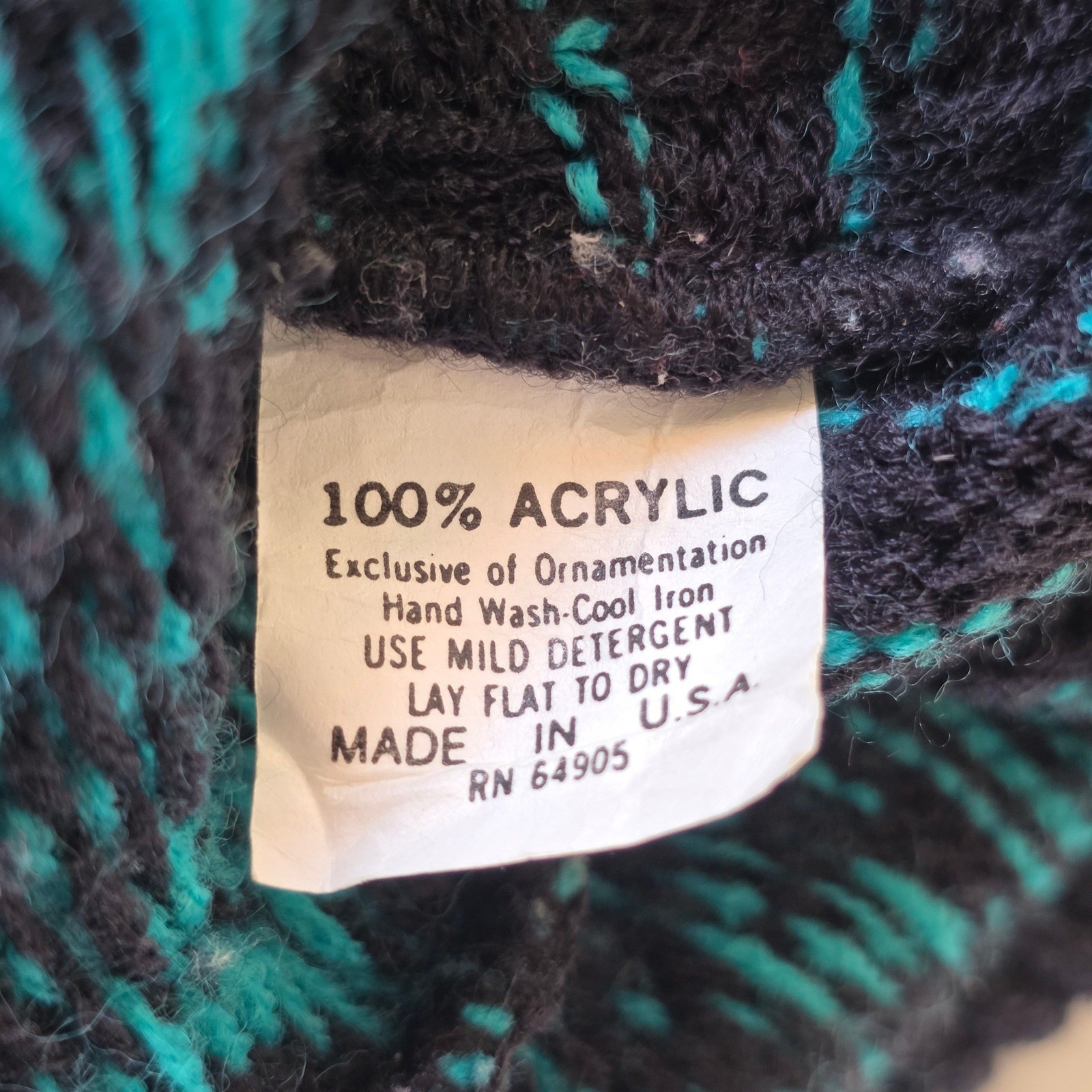Vintage Crewneck Sweater Fair Isle Geometric Teal Black OS Retro 80s 90s