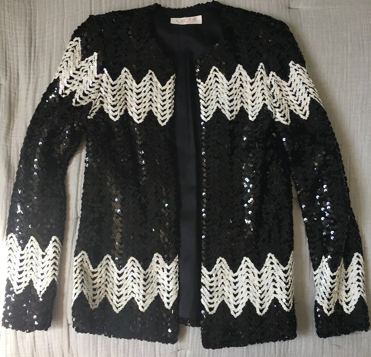 Excellent Vintage GLORIA Black White Sequin Jacket Small 4 1980s Evening Fancy
