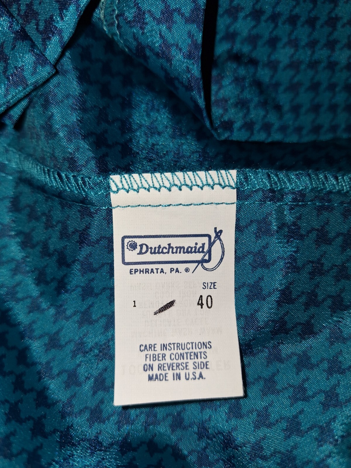 Vintage Dutchmaid Teal/Black Houndstooth 2-Piece Collared V-Neck Sz 40 Skirt Set