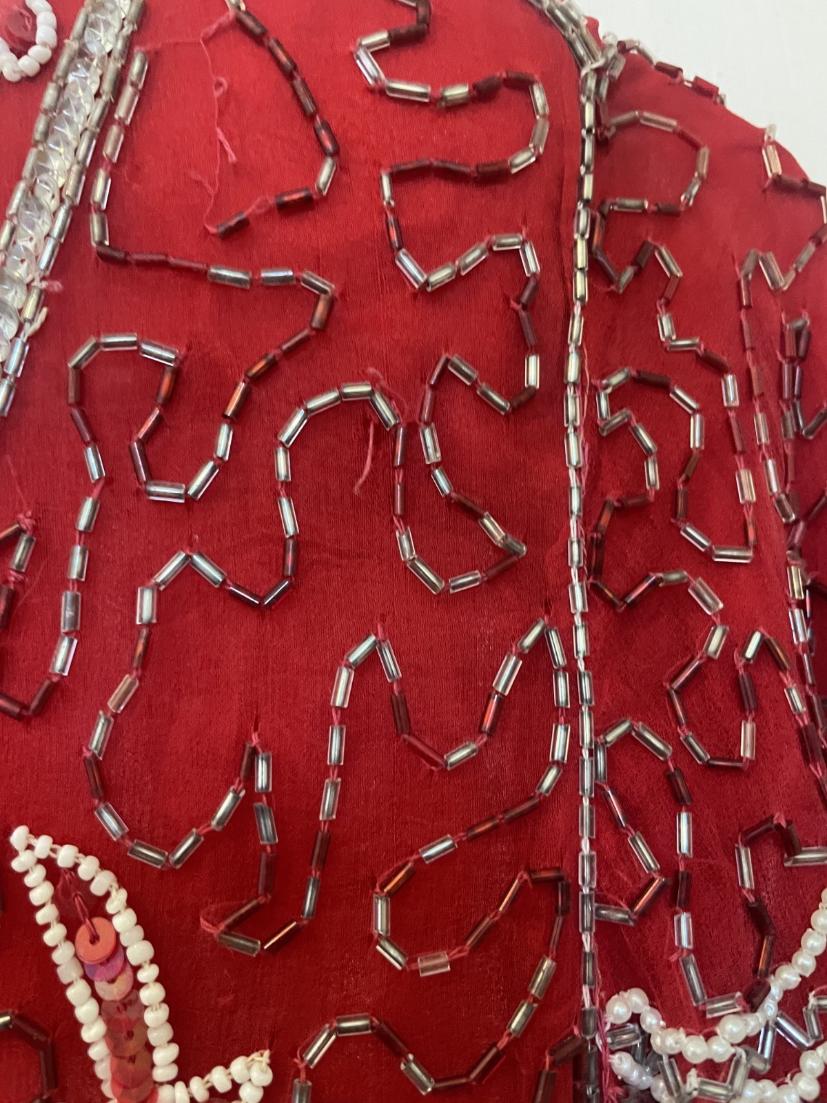 Vintage 80s Tan Chho Silk Beaded Sequin Top Red Blouse Size XL